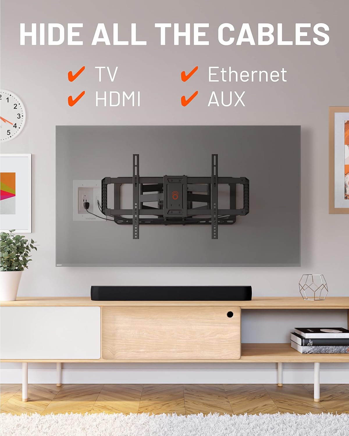 ECHOGEAR TV Cord Hider for Wall Mounted TV with 2X AC Outlets & 2X USB-A Ports - Hide Power Cables & Low Voltage Wires Behind The Wall - Includes Template, Saw, & Low Profile Extension Cord - White