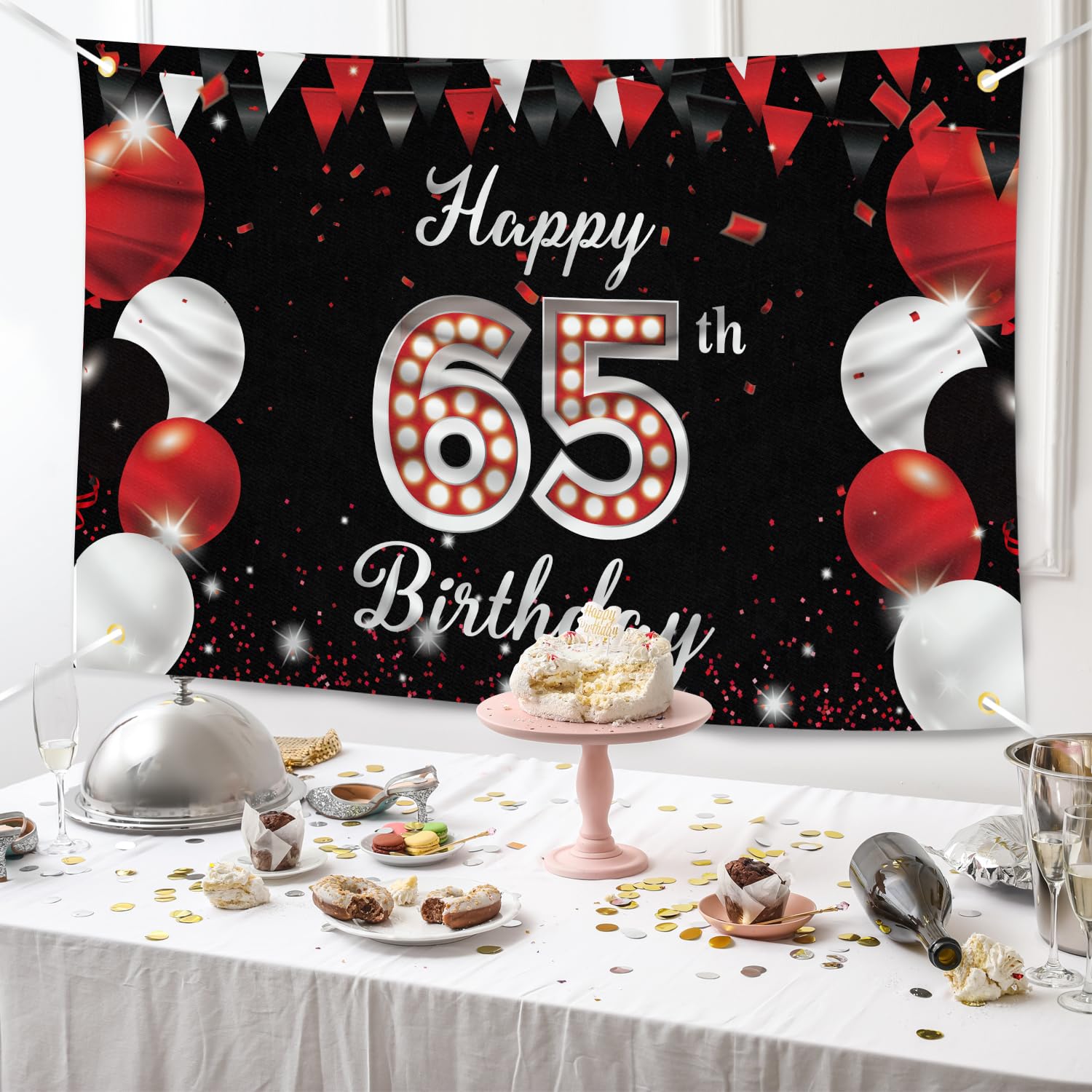 Happy 65th Birthday Backdrop Banner - 6x4 Feet, Black & Silver, With Hanging Ribbon - View #2