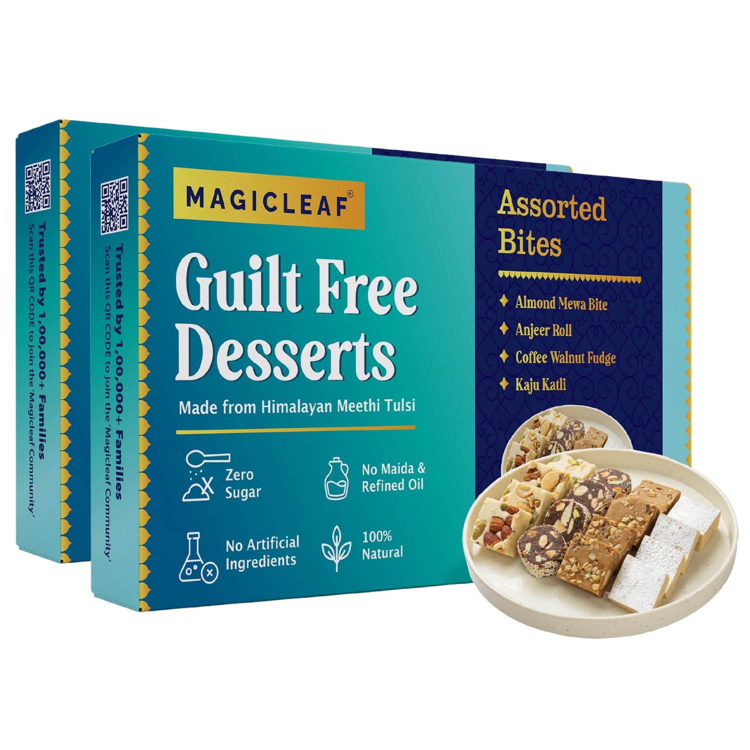 Magic Leaf Sugar Free Dessert Combo - 1 kg (Pack of 2, 500 gm Each), Kaju Katli, Coffee Walnut Fudge, Almond Mewa Bite & Anjeer Roll | Freshly Made Mithai Box, Sweetened with Stevia, No Refined Oil