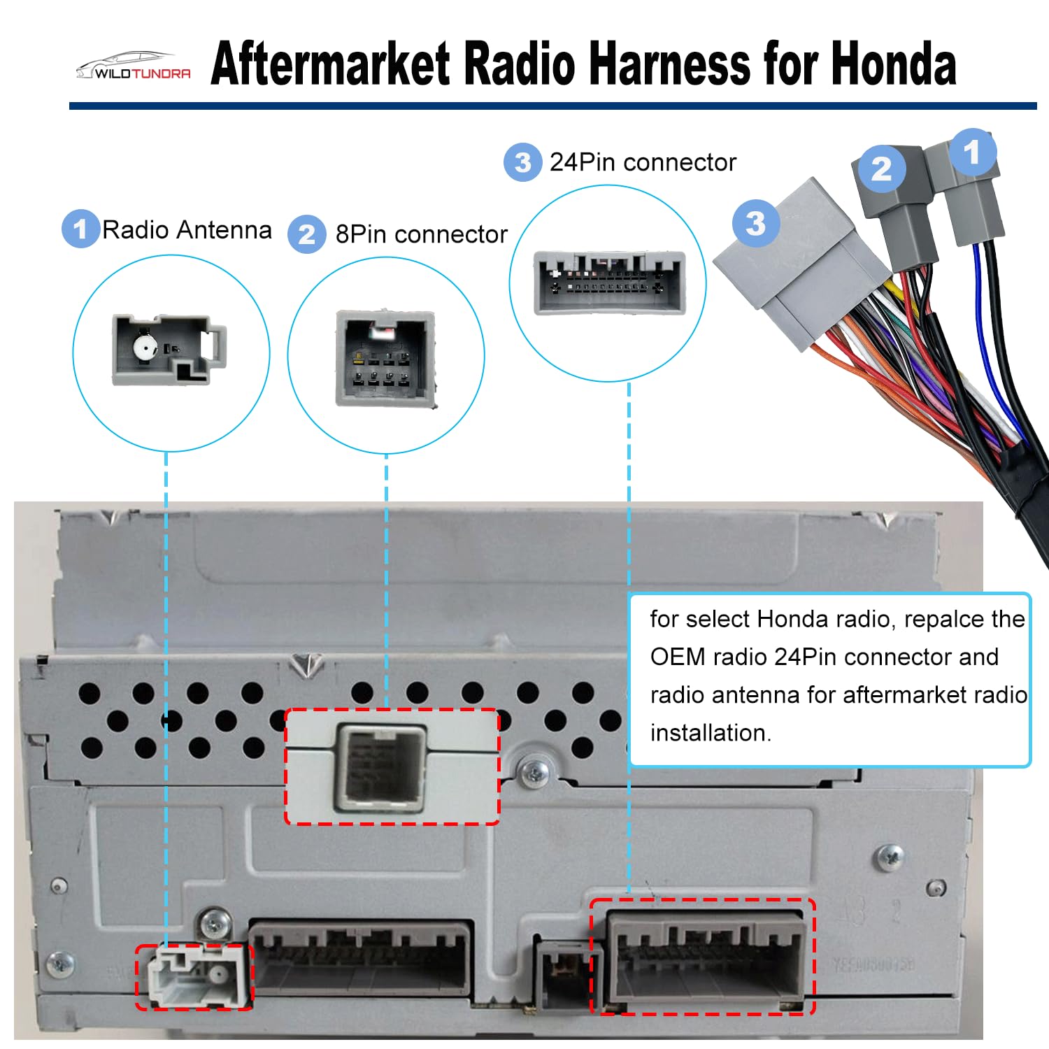 16Pin ISO Aftermarket Radio Harness Adapter for Honda 2013-2020 with Radio Antenna Adapter, 16Pin Android Car Stereo Wiring Harness with RCA Input Cable for Honda Odyssey Accord Fit CR-V Civic
