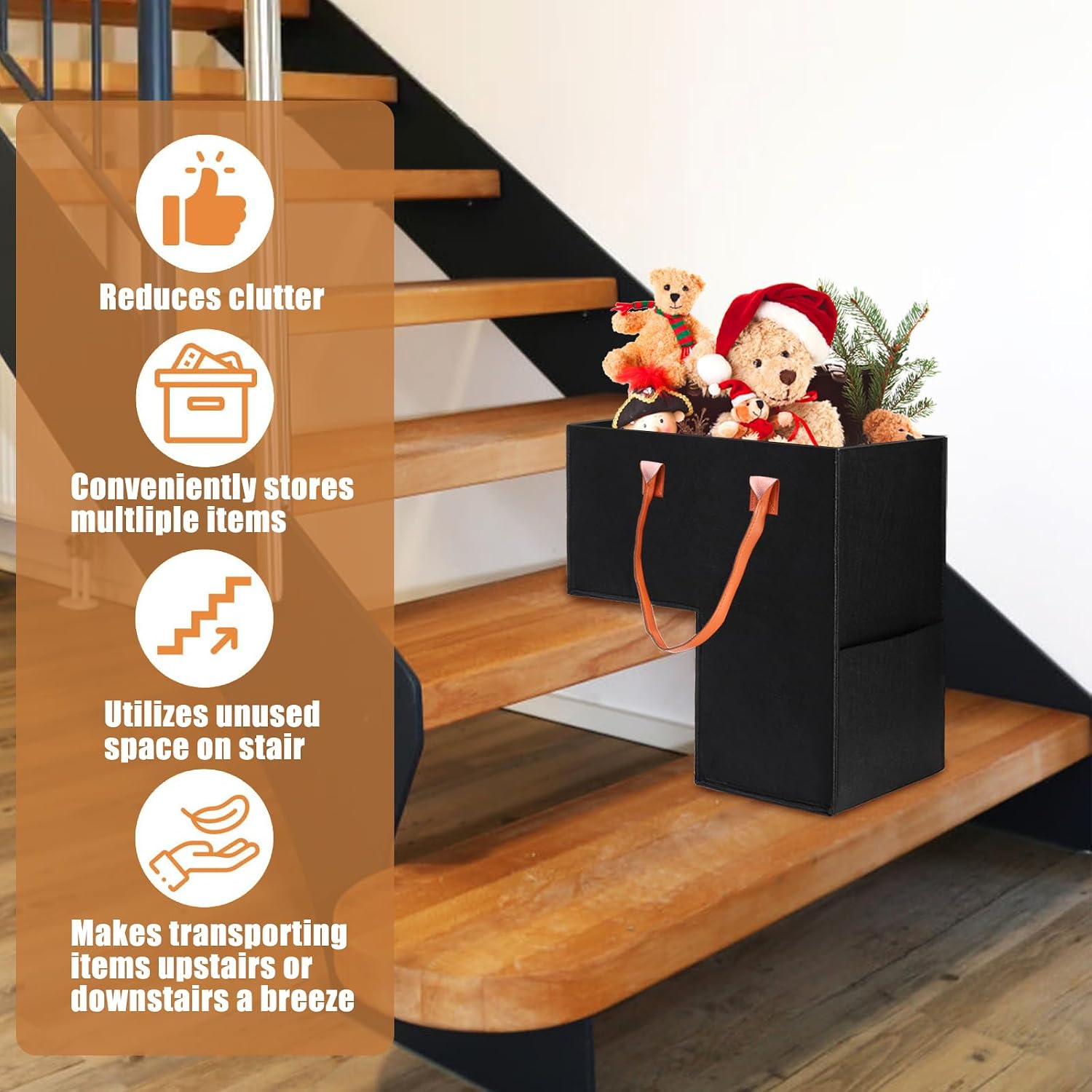 2 Pack Upgraded Stair Basket , Foldable Felt Staircase Organizer with Leather Handles , for Carpeted & Wooden Stairs, Ideal for Books, Clothes, Toys