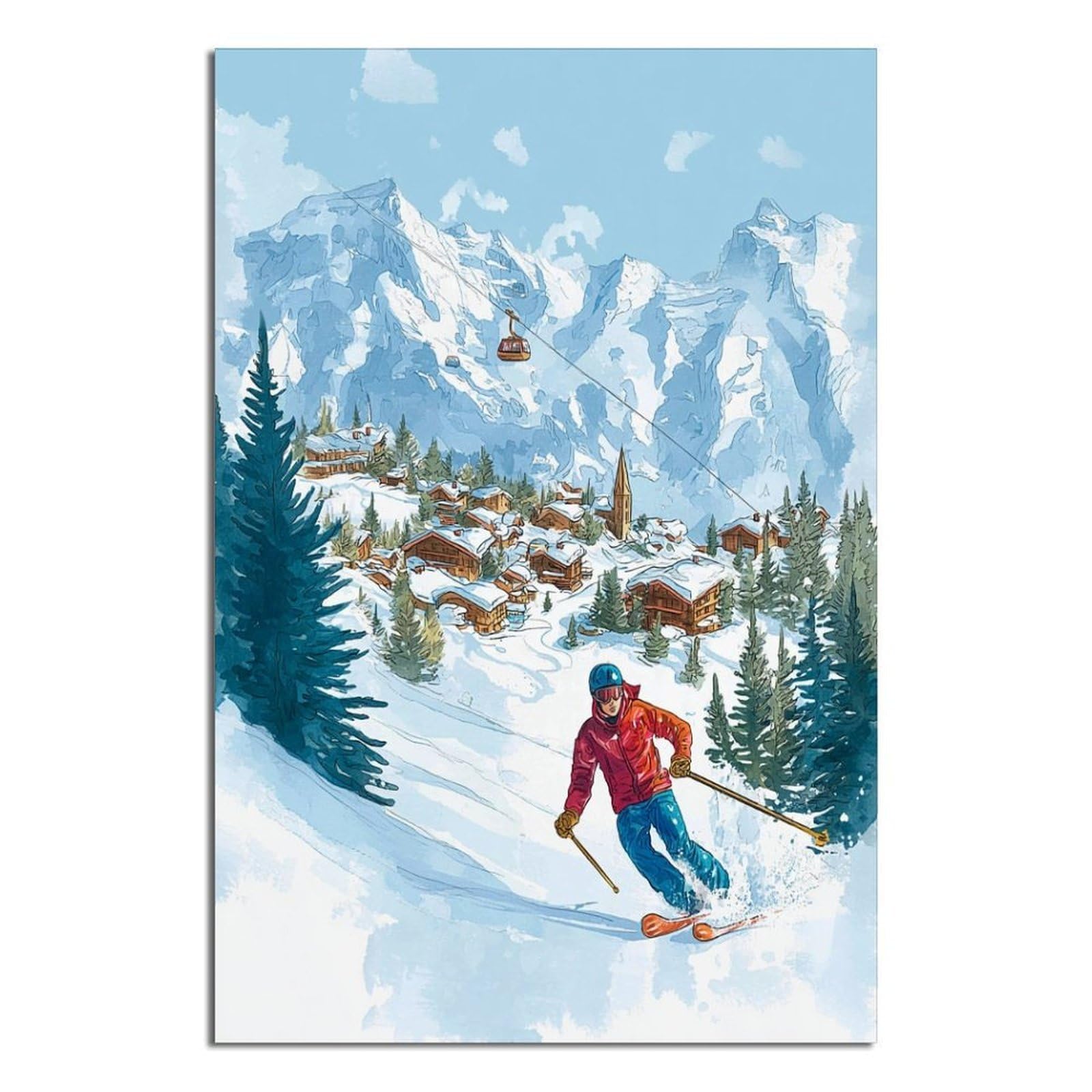 iPuzou Grindelwald Switzerland Ski Posters 20x30inch(50x75cm) Vintage Watercolor Canvas Art