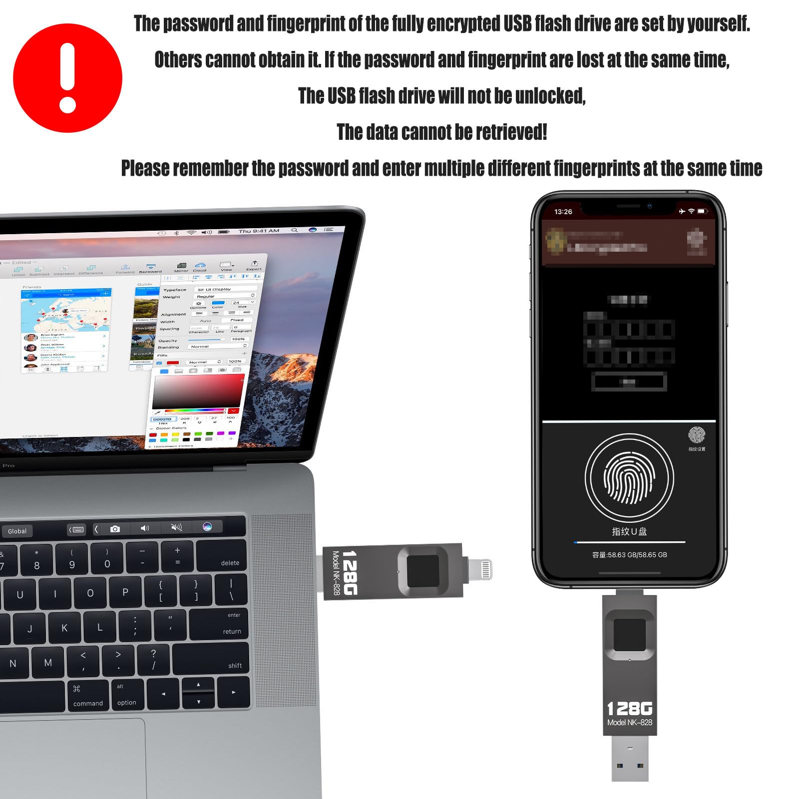 Unidad flash USB de huellas dactilares, disco U cifrado de 128 GB para dispositivos móviles, compatible con interfaz iOS y USB