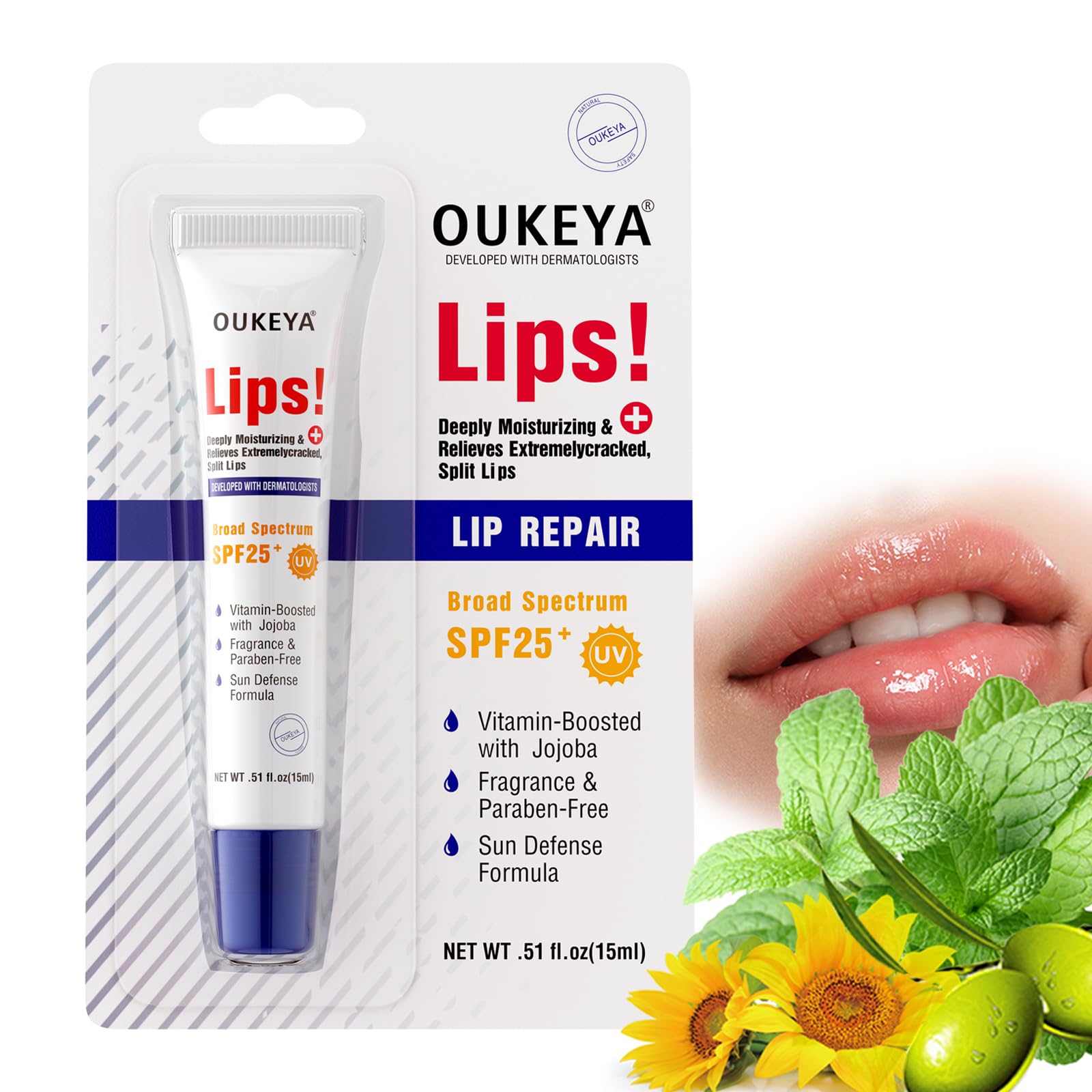 OUKEYA SUN Protect Lip Balm SPF25, Against UVA/UVB Rays with 24H Moisture, with Sunflower Seed Oil, Jojoba Seed Oil, Mint