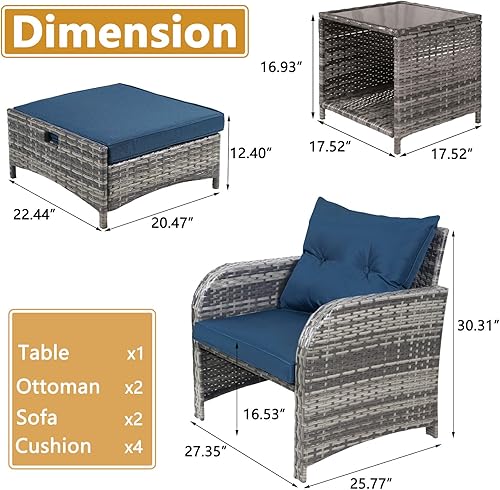 Miniatura 4 de Juego de 5 sillas de mimbre para patio al aire libre con otomana, juego de muebles de conversación de ratán PE para todo tipo de clima, juego de