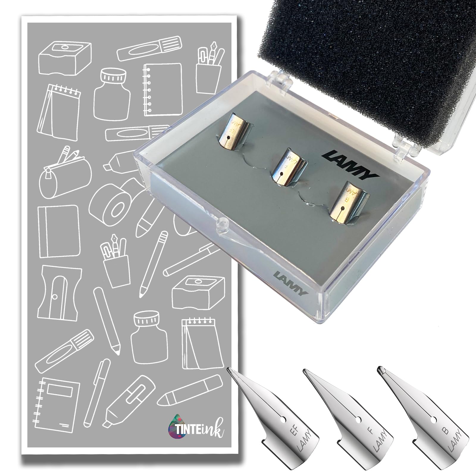 Lamy Safari Nib Kits - Polished & Black Stainless Steel: Choose 5 Nibs (XF, F, M, B, 1.1mm) or 3 Nibs (XF, F, B) - Protective Box Included! (3 Polished Stainless Steel Nib Collection)