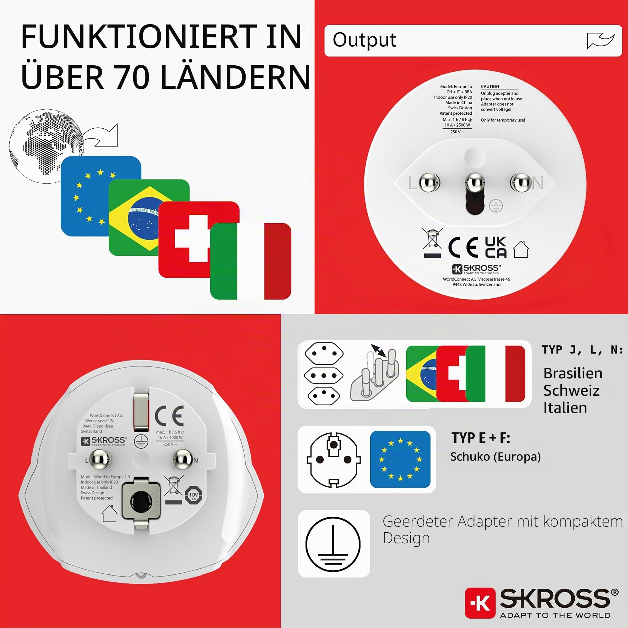 SKROSS Reiseadapter Combo World, Schweiz + Italien + Brasilien | Universell für über 150 Länder, 100–250 V, 10 A, bis 2500 W | Kompakt & robust – ideal für Laptop, Smartphone, Tablet, Kamera - Image 3