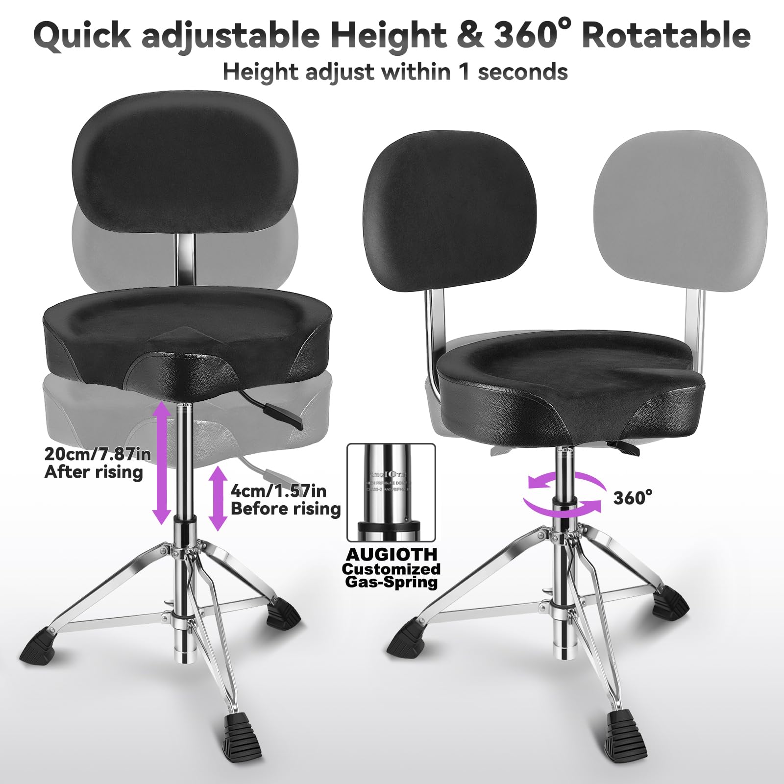 Drum Throne con schienale imbottito sedia per tamburo idraulico regolabile in altezza sgabello per batteria con bassi stabili Comodo sedile per batteria in memory foam per batteristi adulti