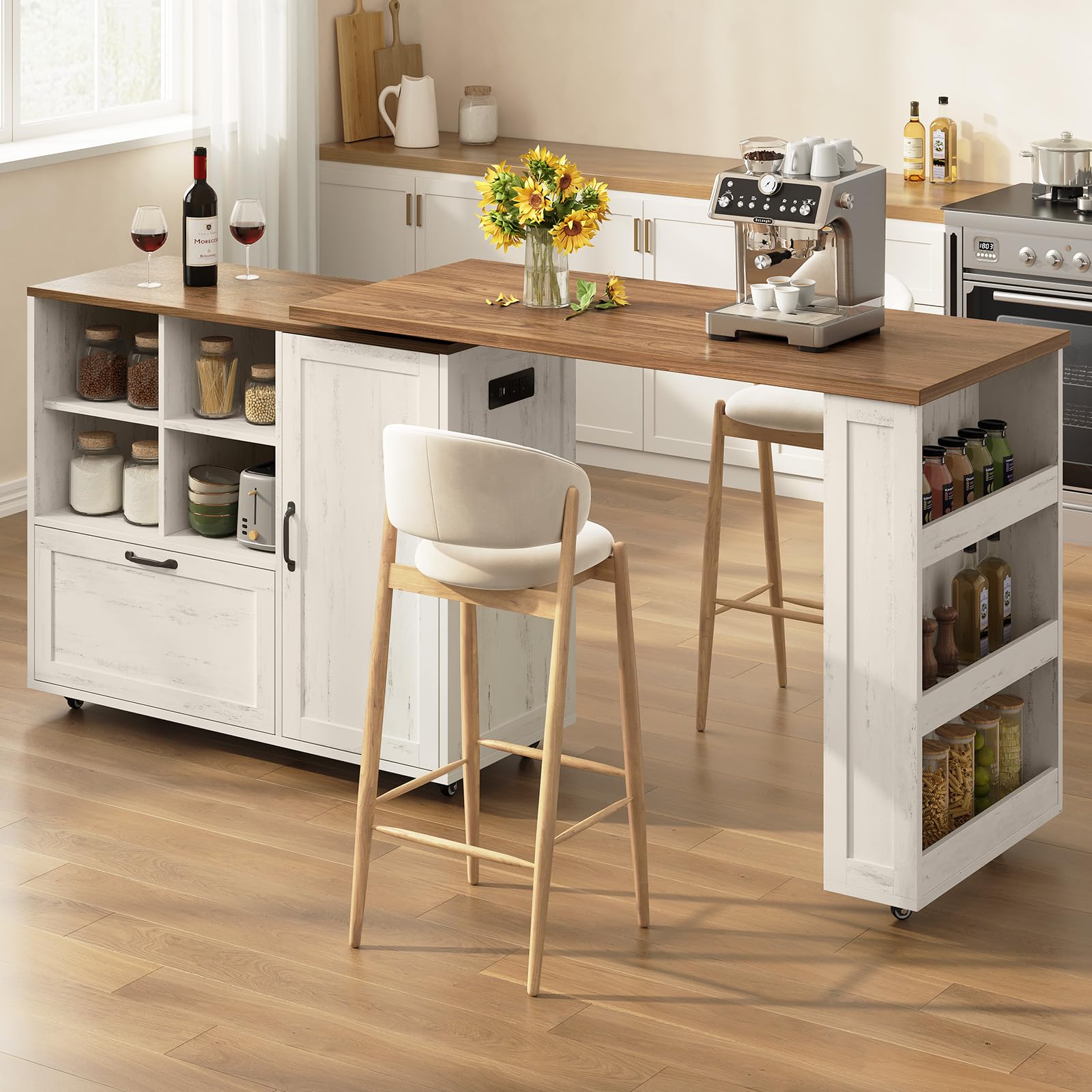 72" Rolling Kitchen Island with 360° Swivel Tabletop &amp; Power Outlet,Mobile Kitchen Islands on Wheels with Storage,Farmhouse Wood Island Cart with Spice Rack,Rustic White