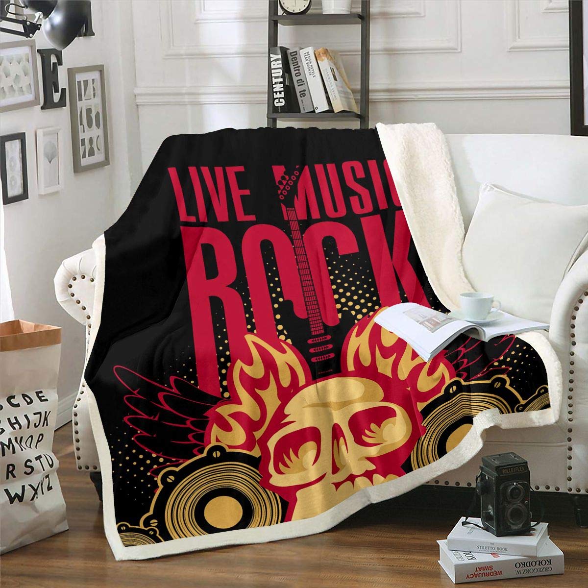 Loussiesd Kreskówka czaszka pluszowy koc gitara polar narzuta koc muzyka rockowa szerpa koc na łóżko sofę sypialnia dekoracja muzyczny puszysty koc podwójny 152 cm x 200 cm