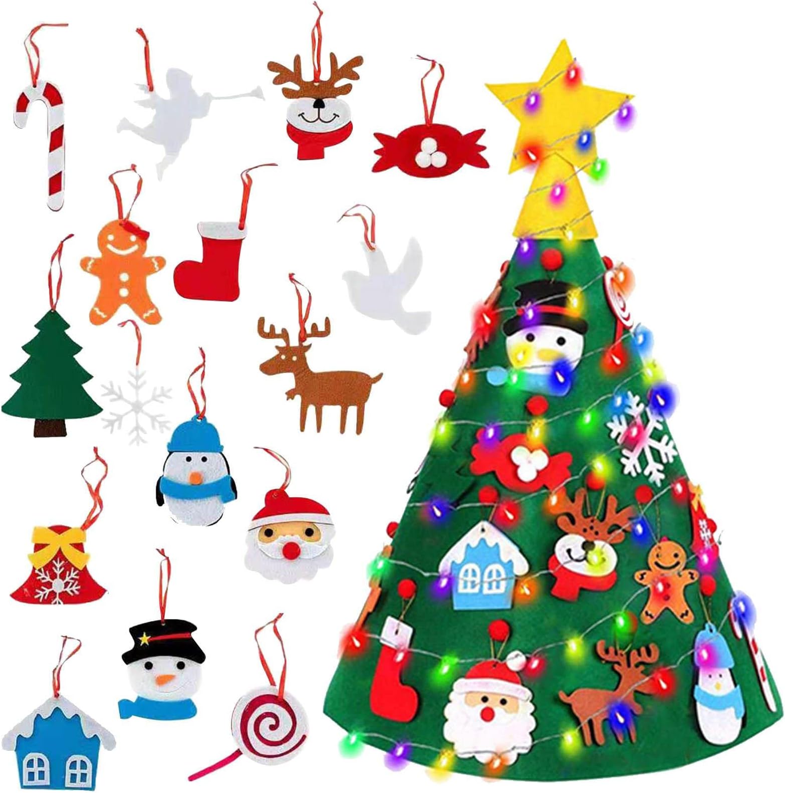 ZUREGO 3D Felt Christmas Tree Set, DIY Felt Christmas Tree Decoration, LED Christmas Tree with 16 Detachable Ornaments, Wall Hanging Christmas Crafts, for Kids, Gifts & Home Decor (2 Types)
