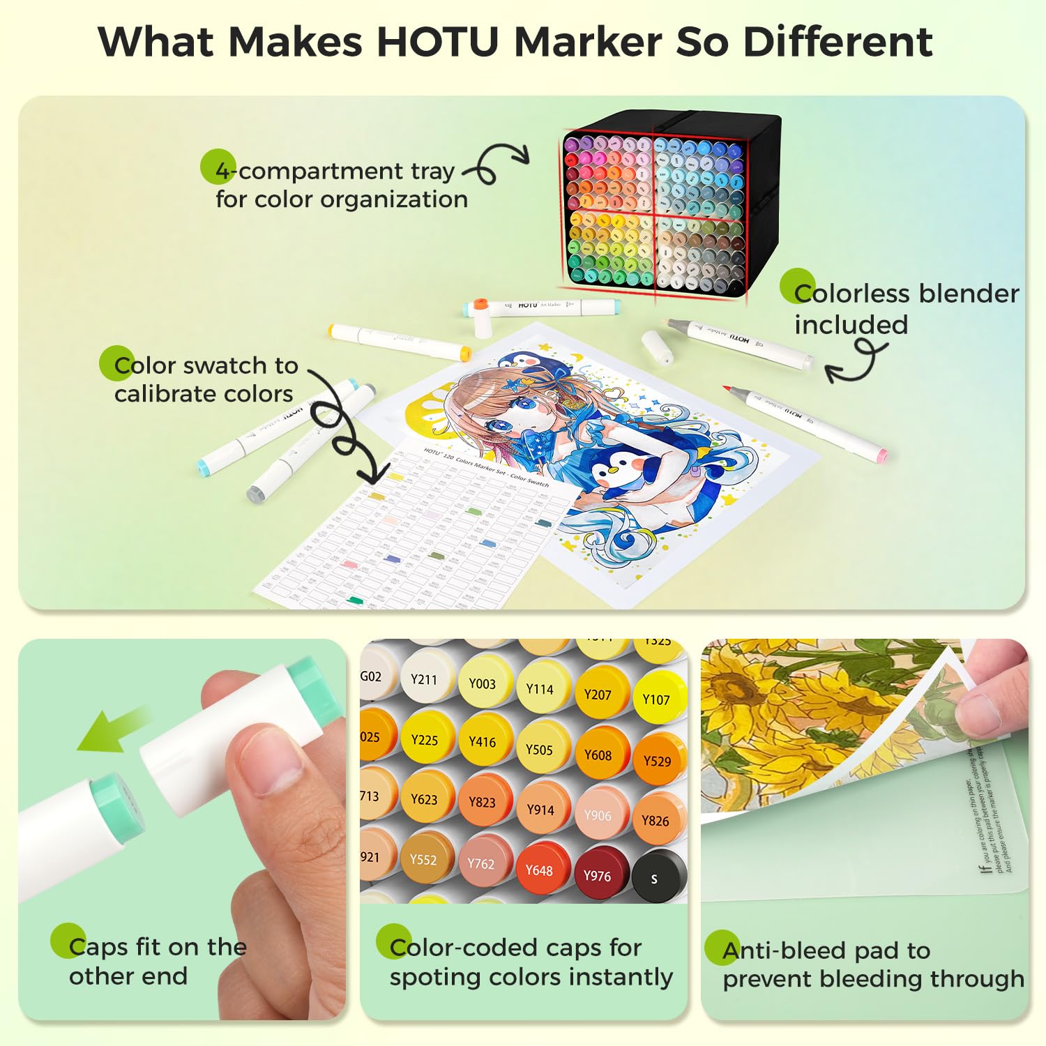 HOTU Alkohol Marker mit Pinselspitze, 120 Farben Doppelspitzige Alkoholmarker, alkohol stifte Set für Illustrationen & Ausmalen – Pinsel & Breitspitze