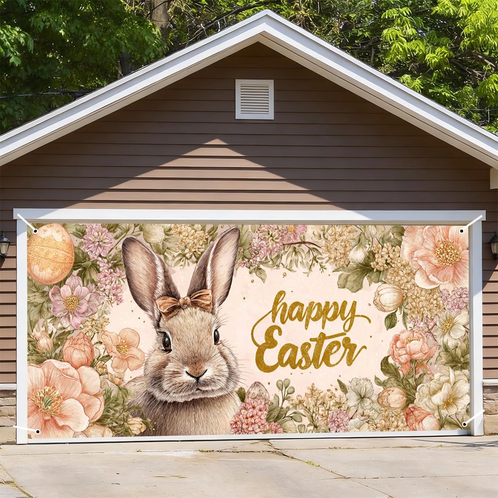 Easter Garage Door Cover 157.48 x 70.87 Inch Floral Frame Cute Bunny Happy Easter Text Elegant Spring Illustration Outdoor Garage Decor Seasonal Family Celebration Spring Yard Display