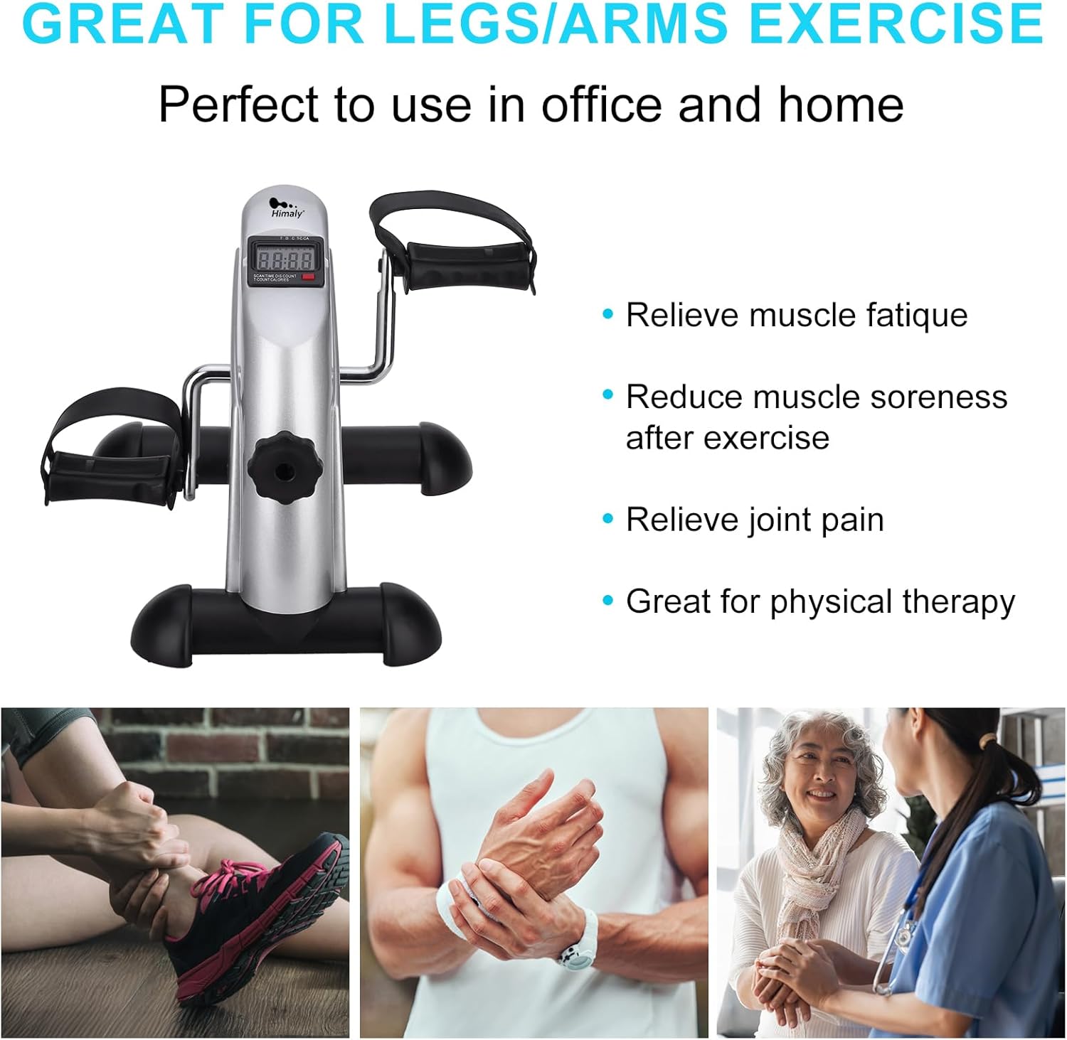 Image highlighting the benefits of using the exercise bike for physical therapy, muscle fatigue relief, and joint pain reduction