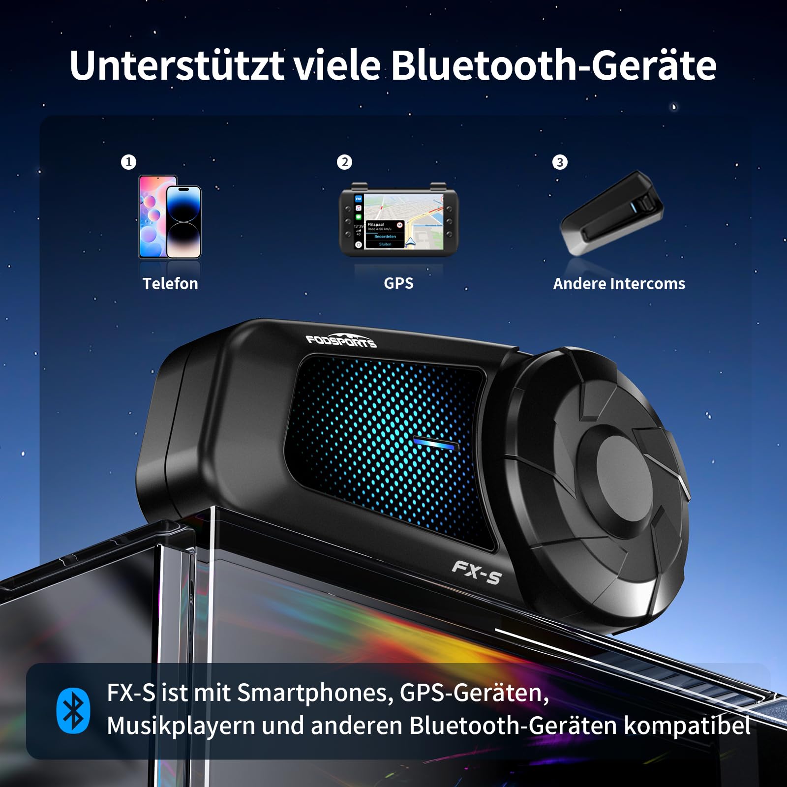 Fodsports FX-S Motorrad Headset Bluetooth 5.4, Helm Kommunikationssystem für 2 Personen, Dreifache Geräuschunterdrückung, IP67 Wasserdicht Freisprecheinrichtung mit Sprachassistent,Große Tasten