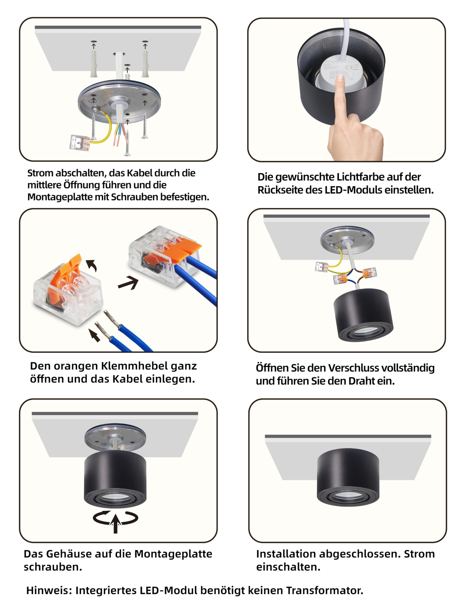 4er Set Aufbauspot Schwarz, LED Aufbaustrahler Deckenstrahler, IP65 für Badezimmer, 5W 520lm Warmweiß 3000K / Neutralweiß 4000K / Kaltweiß 6000K, aus Aluminium, Ø80x50mm, LED Modul 230V, CRI90+