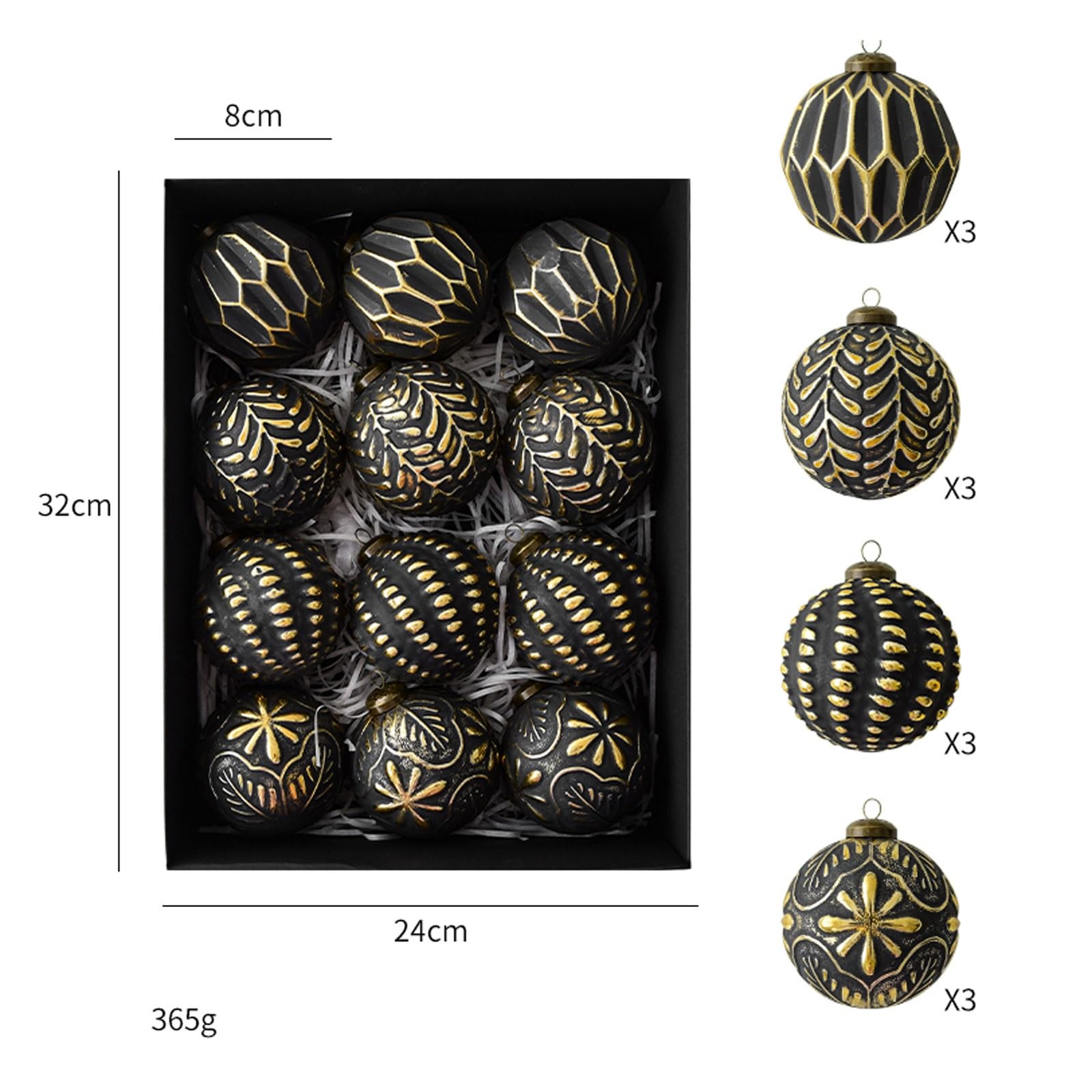 Palline di Natale, 12 palline di Natale rustiche da fattoria 3,15'' in plastica infrangibile for decorazioni natalizie sull'albero(Nero)