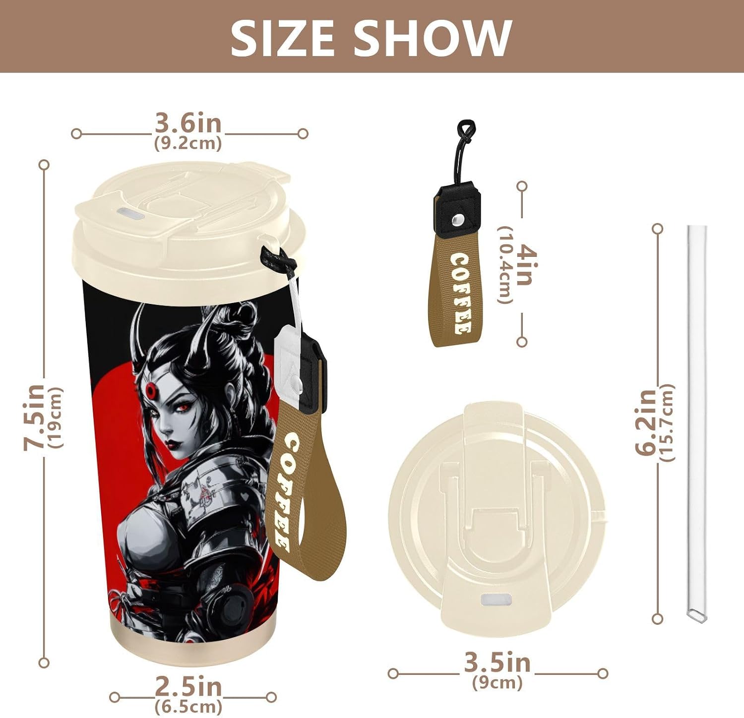 Samurai Woman Black Insulated Coffee Mug with Straw & Flip Lid, 16.9oz Iced Tumbler Cup, Double Wall Vacuum Mug for Travel Office