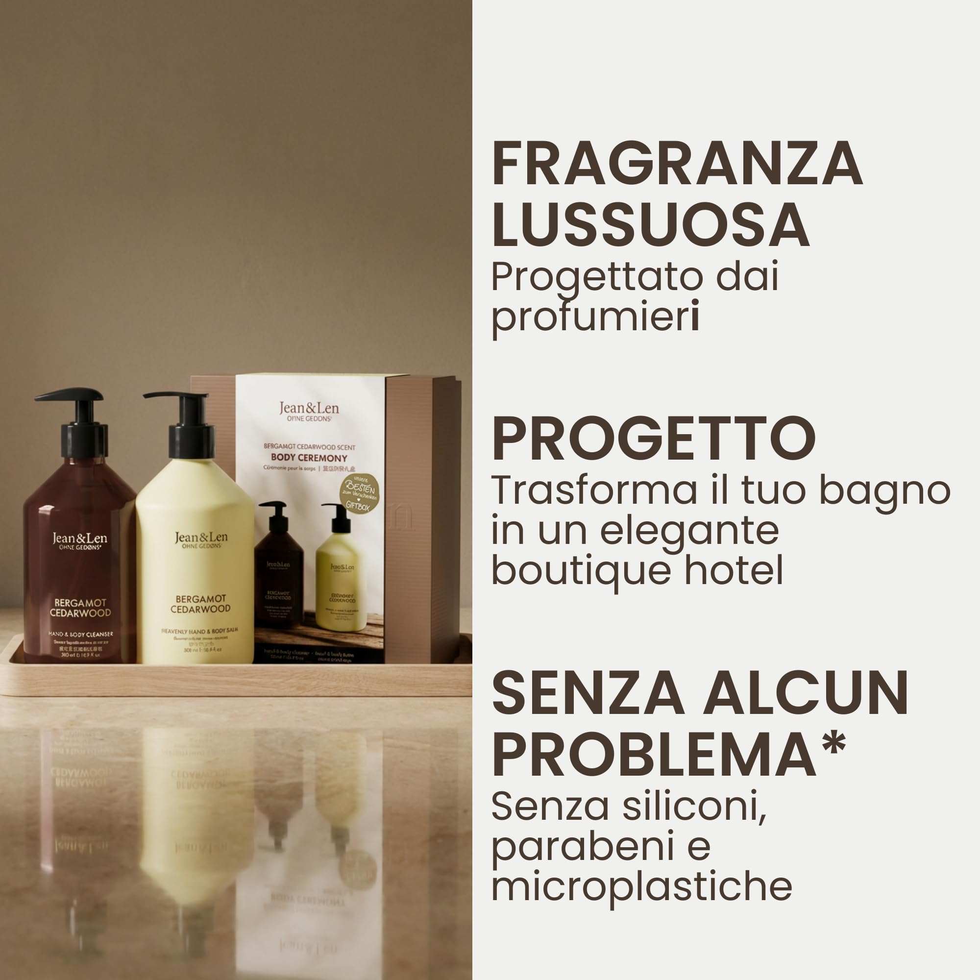 Jean & Len Body Ceremony Bergamot & Cedarwood, detergente e balsamo mani e corpo, set regalo di alta qualità, fragranza agrumata e aspra, confezione FSC certificata, 2 × 500 ml