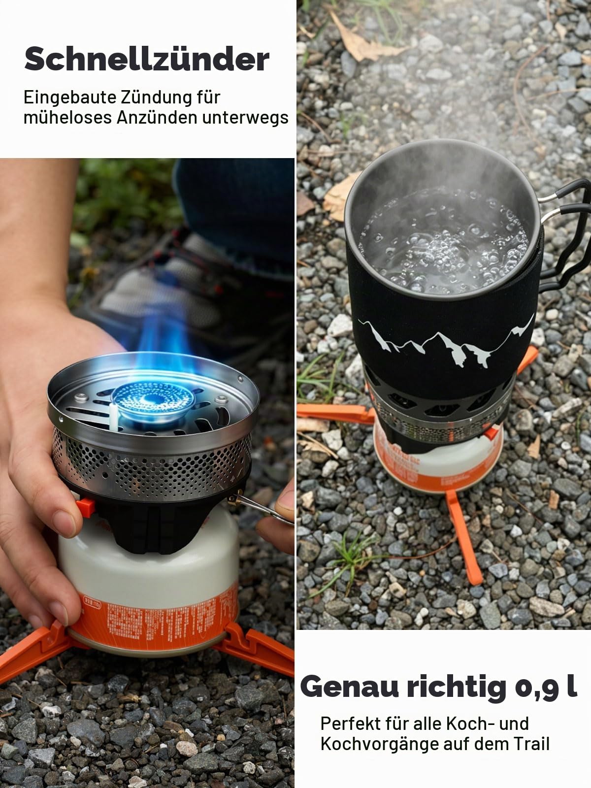 Odoland CampingKocher 0.9L/1.4L Camping-Kochsystem, tragbarer Camp-Topf mit Gas-Kocher für Wandern, Trekking, Fischen, Jagen und Notfall