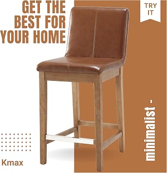 Kmax 26 Inch Counter Height Bar Stools Set of 2 Upholstered Stools for Kitchen Counter with Back Support Rustic Wooden White Armless Barstools for Kitchen Island Dining Room Breakfast - PU, Brown