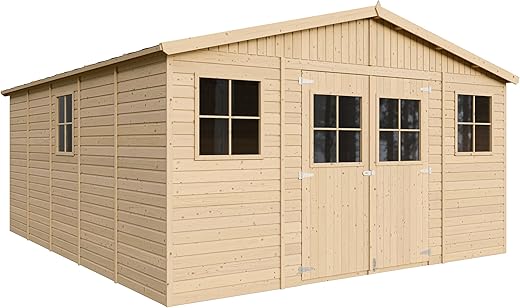 TIMBELA Holz Gartenschuppen – Abstellkammer mit Fenstern – H246 x 418 x 522 cm/ 20 m² Naturholz-Shiplap-Schuppen – Gartenwerkstatt – Fahrrad-…
