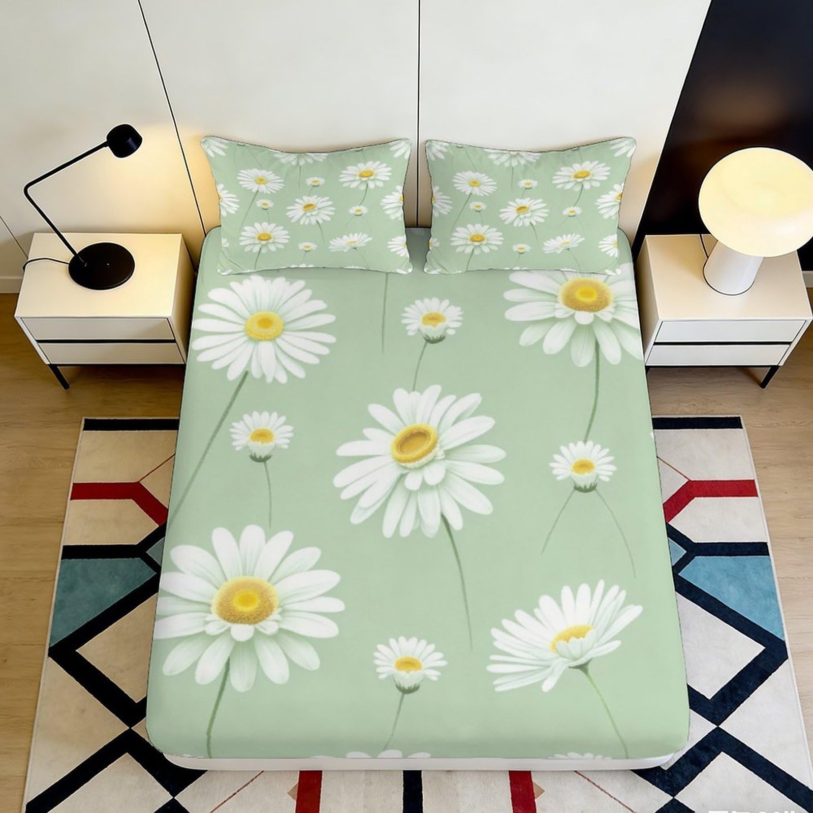 3D Printed Daisy Floral Fitted Sheet Microfiber Anti-Slip Mattress Cover Green Decor for Bedroom Guest Room Easy Care 180x200x25cm