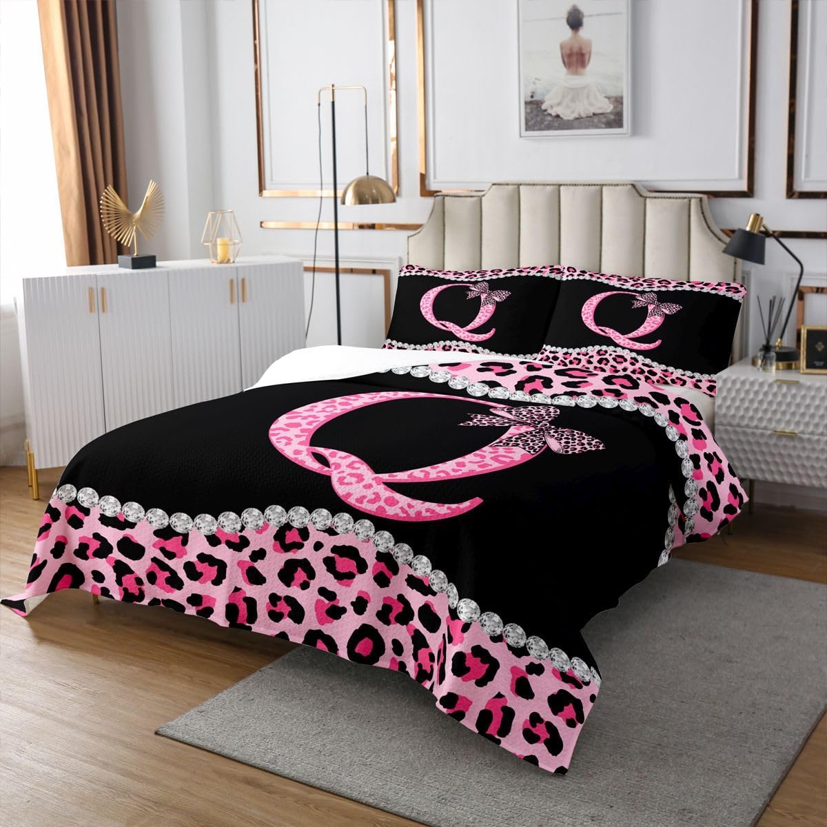 jejeloiu Pink Cheetah Bow Bedspread Quilts Coquette Bowknot Coverlet Set Twin Size for Kids Boys Girls Initial Letter Q Quilted Coverlet for All Season with 1 Pillowcase Leopard Print Microfiber