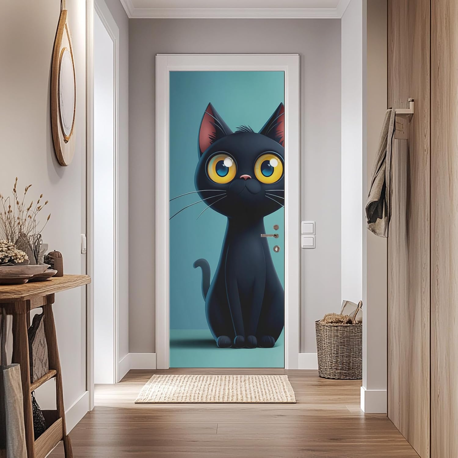 Black Cat Door Mural, Cat Door Sticker 37 x 84, Cute Animal Decal Peel and Stick, Self-Adhesive Removable PVC Wallpaper Home Decor
