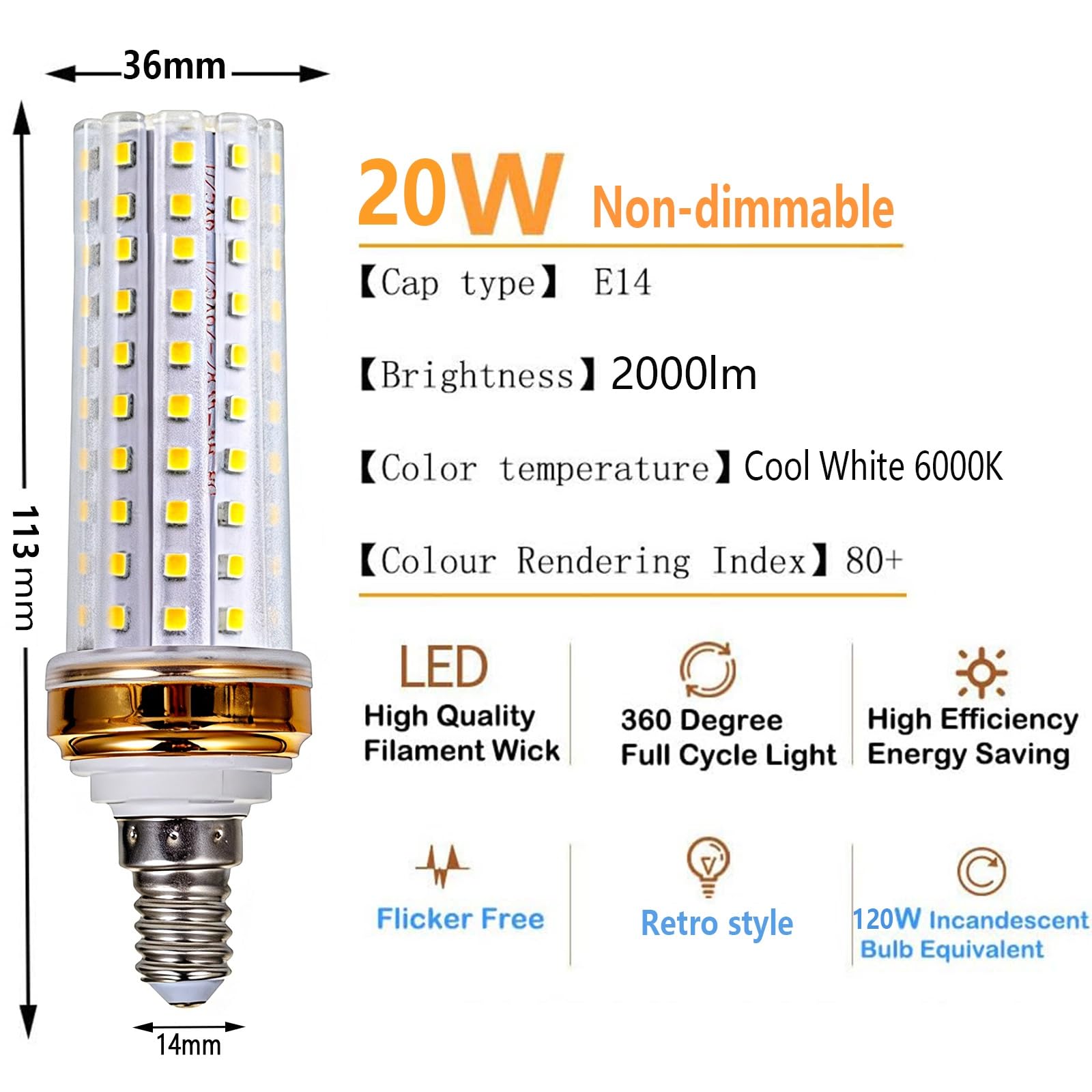 Bombillas LED E14 20W Equivalente A 200W Ahorro Energético Larga Vida Útil (CRI > 80) Sin Parpadeos 2000LM Para Salón Dormitorio Cocina Comedor No Regulable(Cool White 6000K,10 Pack)