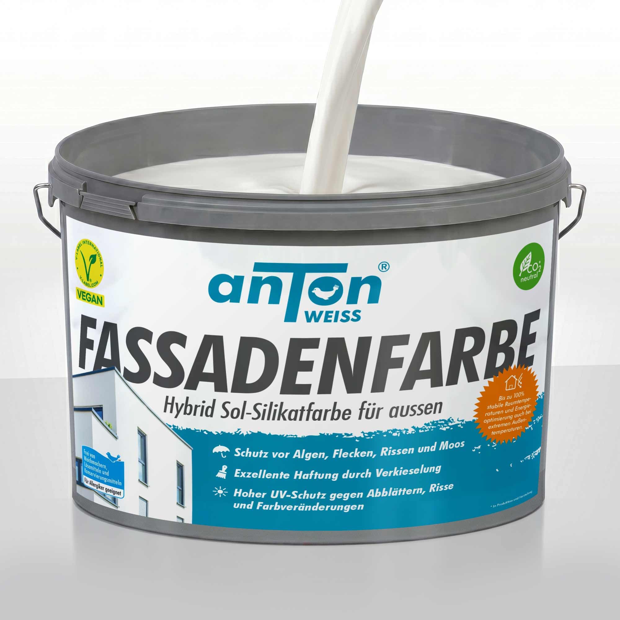 Fassadenfarbe Hybrid Sol-Silikat Premium | Silikat für außen | Direkt auf Altanstriche, Stein, Holz | Höchste Deckkraft | Weiß | 10 Liter 70-80 m2 | Riss/Abblätterungs-Schutz | UV-Witterungsstabil