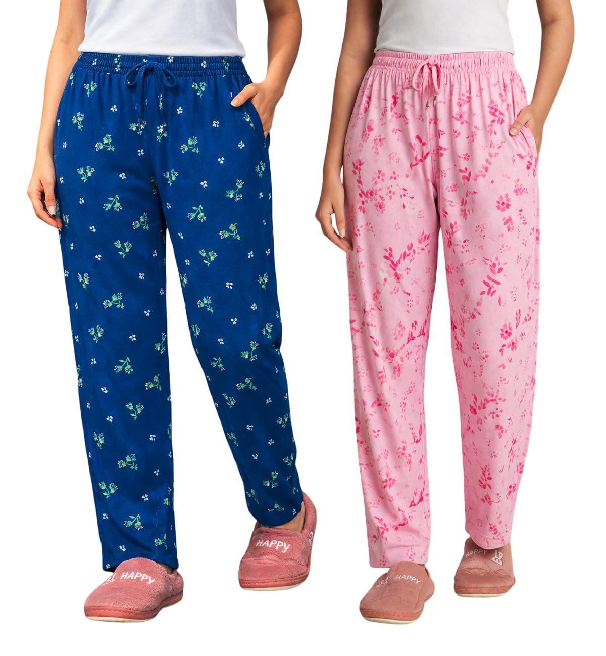 Women’s Printed Cotton Pyjama Pants Pack of 2 | Soft Comfortable Night Wear Pajama Bottoms for Women (NAVYBLUE-PINK, M)-image-39