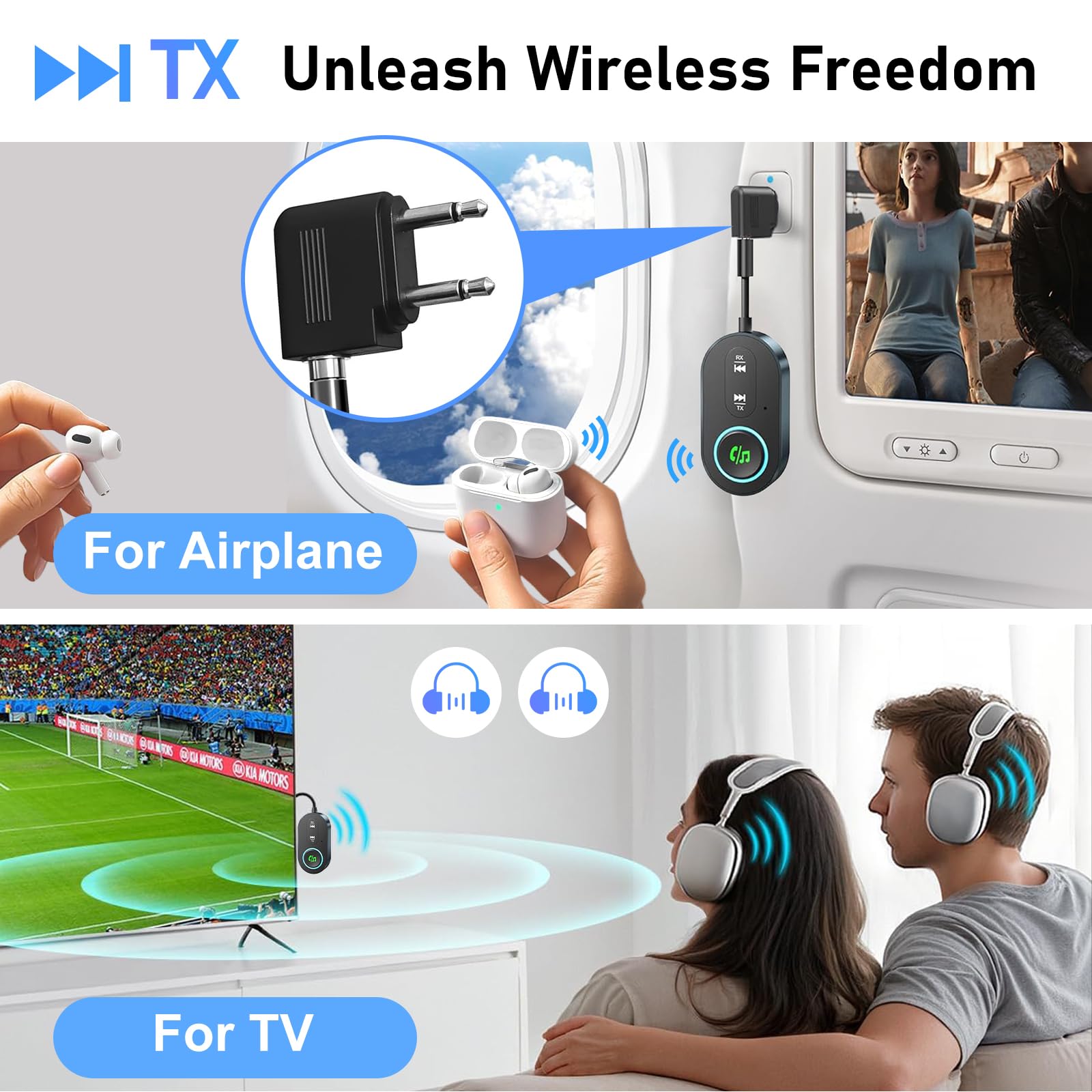 Ticenpe Receptor transmisor Bluetooth 5.3, conector dual para aviones, micrófono para llamadas, adaptador auxiliar 2 en 1 Bluetooth para auriculares, altavoz y coche — view 4