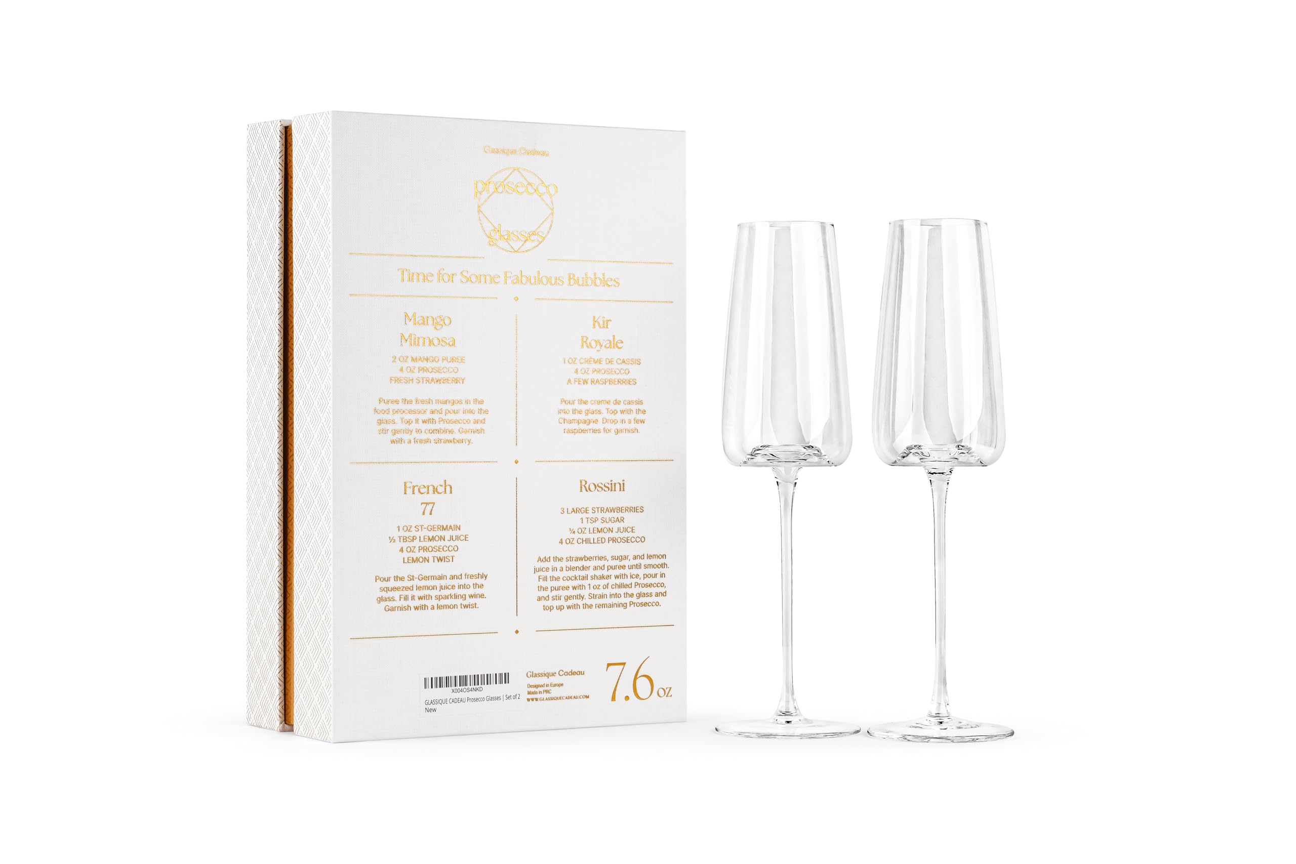 Verres à Prosecco, Cava et Champagne | Lot de 2 | Flûtes à Long Pied en Cristal pour Mimosa, Kir Royale et Impérial, French 75, Hugo et Cocktails de Vins Mousseux | Élégante Verrerie Cadeau