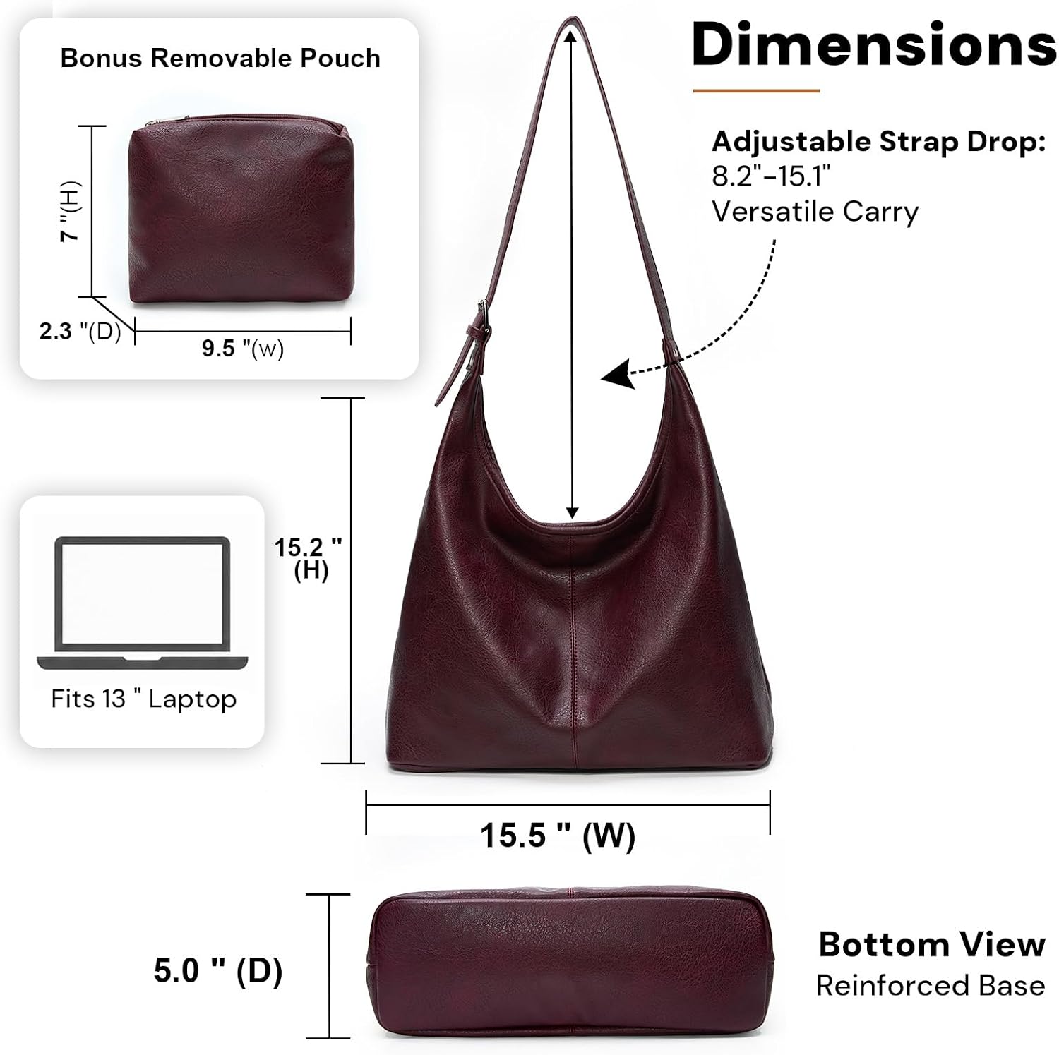Hobo Bag for Women, Vegan Leather Slouchy Shoulder Tote with Matching Pouch image 4