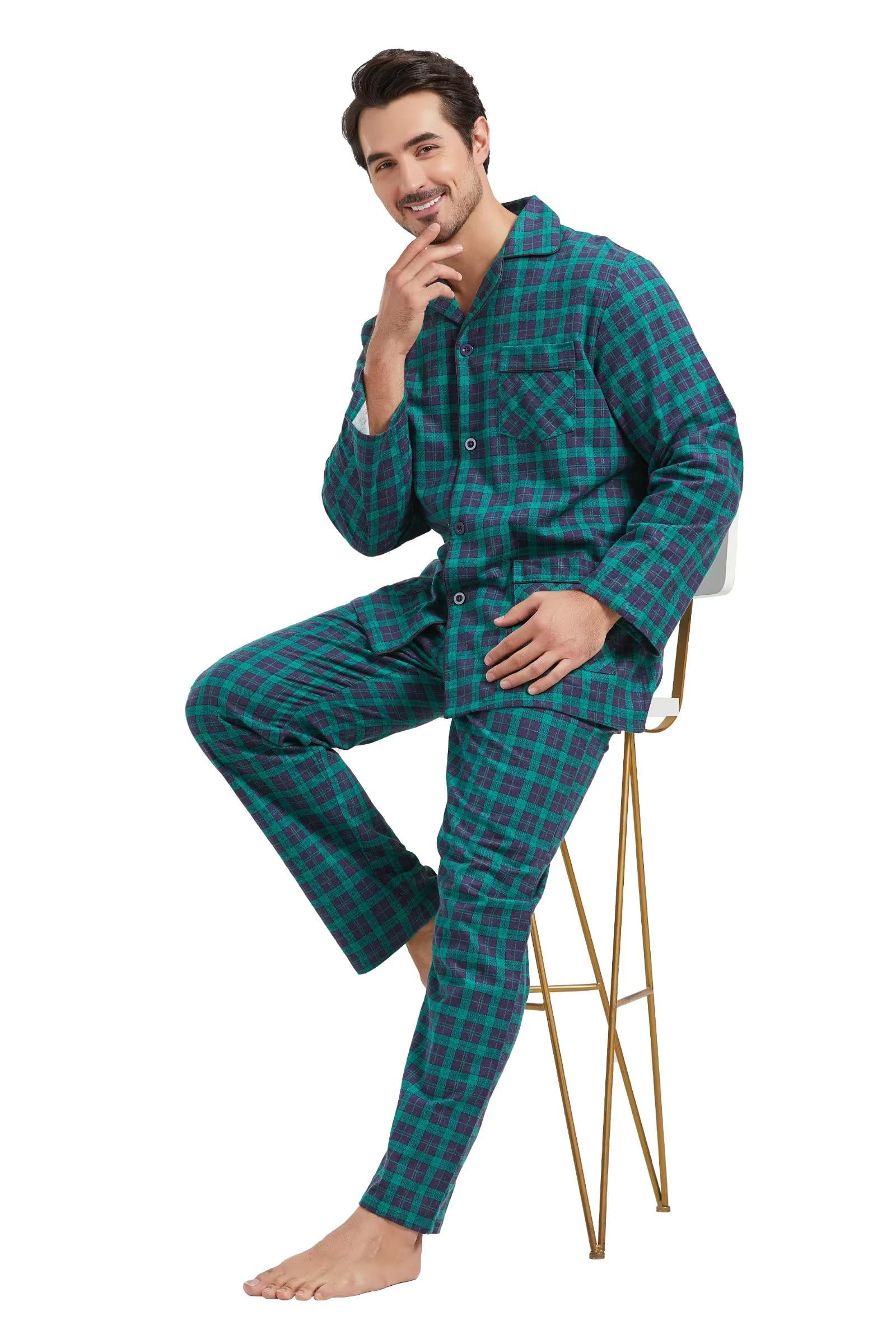 Amaxer Pigiama Cotone Uomo Lungo 100% Flanella Invernale Indumenti da Notte Top a Manica Lunga con Tasche Pantaloni con Coulisse