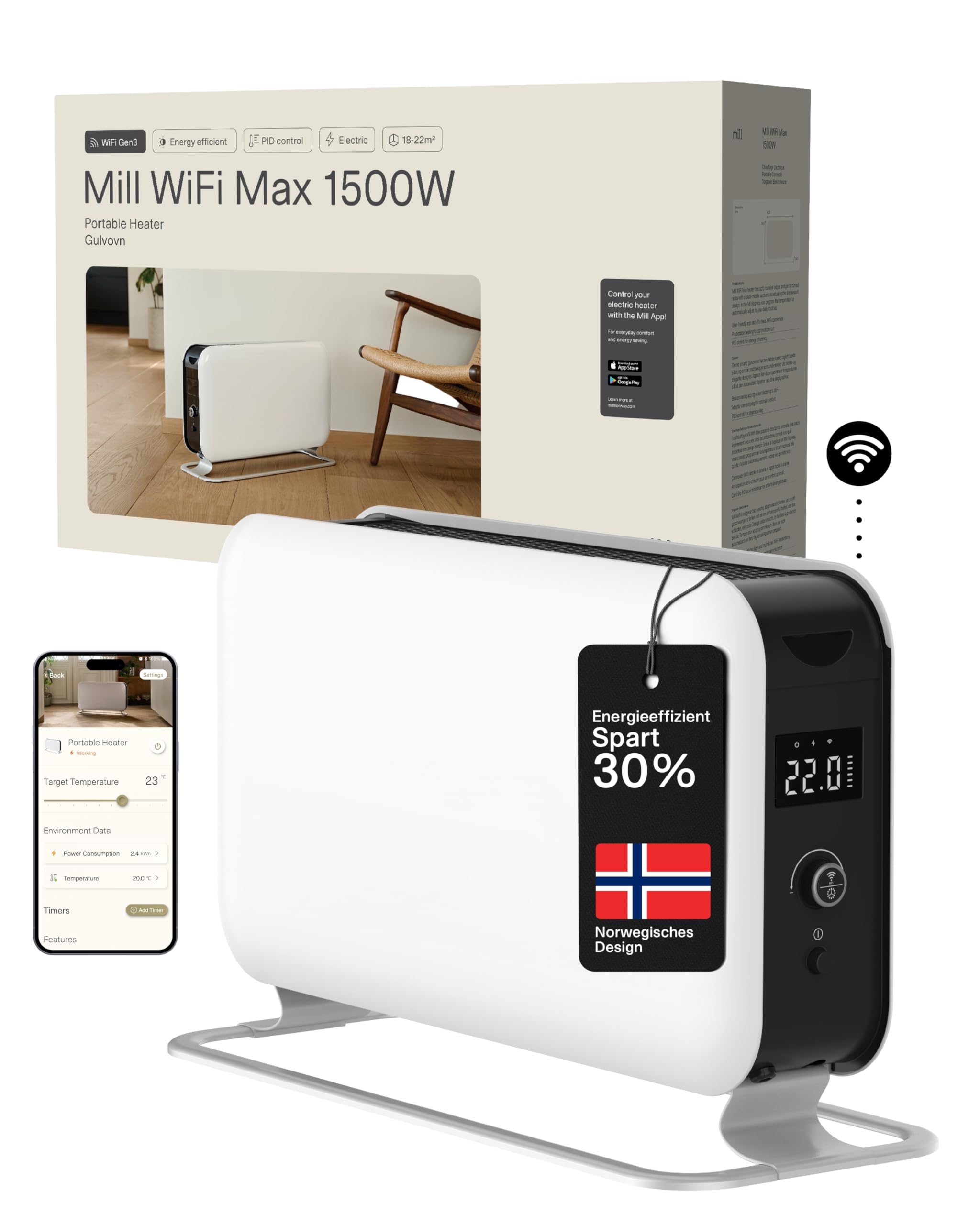 Mill WIFI Max Elektro Heizkörper 1500W, Smarter Badheizkörper elektrisch 18-22m², Elektroheizung energiesparend & freistehend, leise elektrische Heizung, Elektroheizkörper, Electric Heater - Weiß