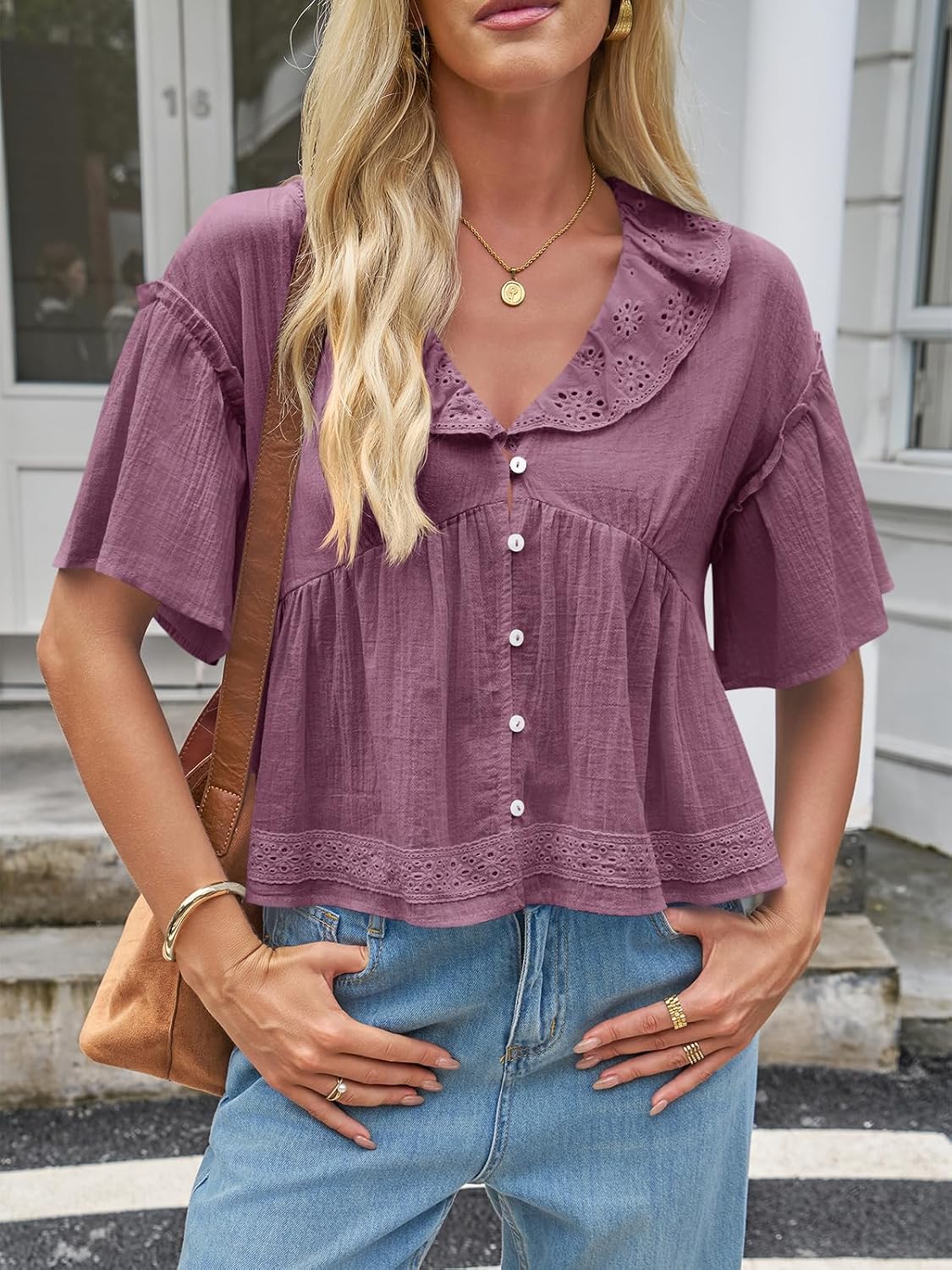 Condition photo showing New/Like New for cicy bell womens cropped babydoll tops summer cute flowy eyelet blouses | short sleeve,2026 trendy,loose fit,v neck,eyelet top medium purple