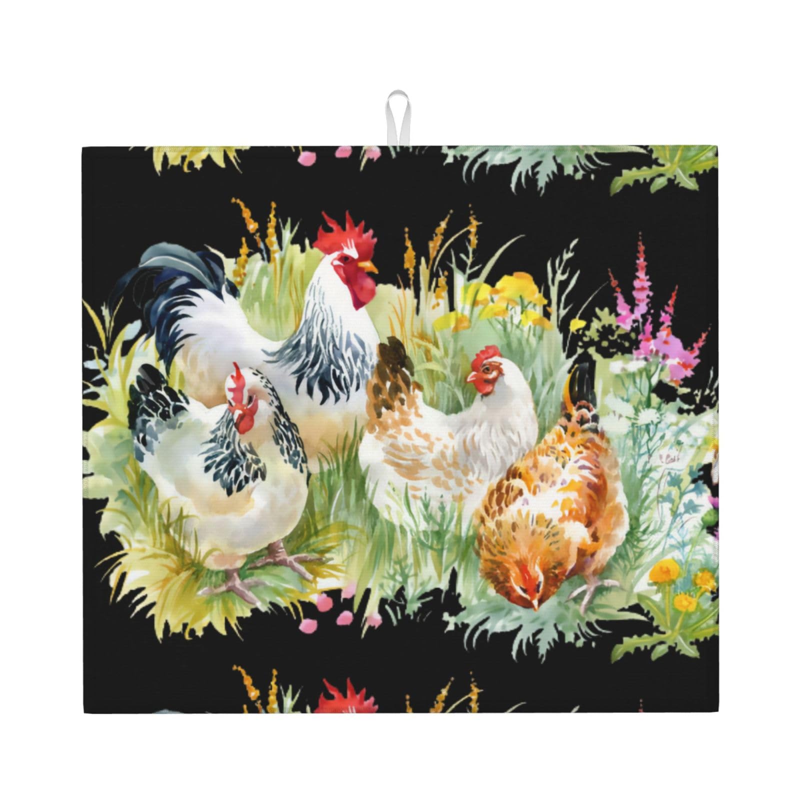 YYHHAOFA Rooster Prints Kitchen Drying Mat – Highly Absorbent Microfiber Throw, Non-Slip Counter Cover for Dishes, Fade-Resistant Print & Appliance Protection