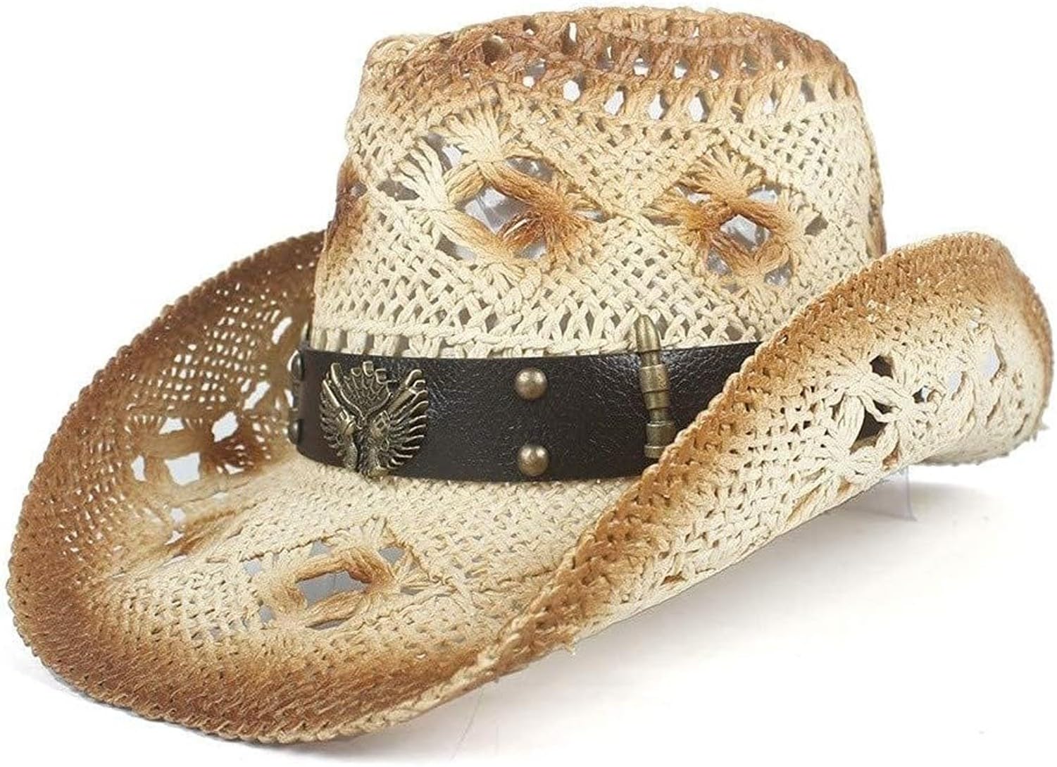 XIUNYIE Men Wide Brim Straw Hat for Summer Beach Outdoor Retro Cowgirl Western Style Hollow Weave Skull Leather Band Sun Hat Casual Fedora, Beige, 6 7/8-7 1/8