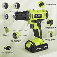 Vista 3 de PULITUO'S 20V Cordless Drill/Driver, Electric Screwdriver - 2 Batteries, 30Nm, 21+1 Torque, 2 Speed, Keyless 3/8" Chase Drill with LED Light, Kit