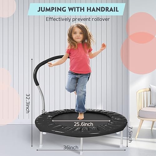 Miniatura 5 de Trampolín para niños de 36 pulgadas con asa, mini interior para niños, pequeño rebotador, fitness para adultos para uso en interiores y exteriores