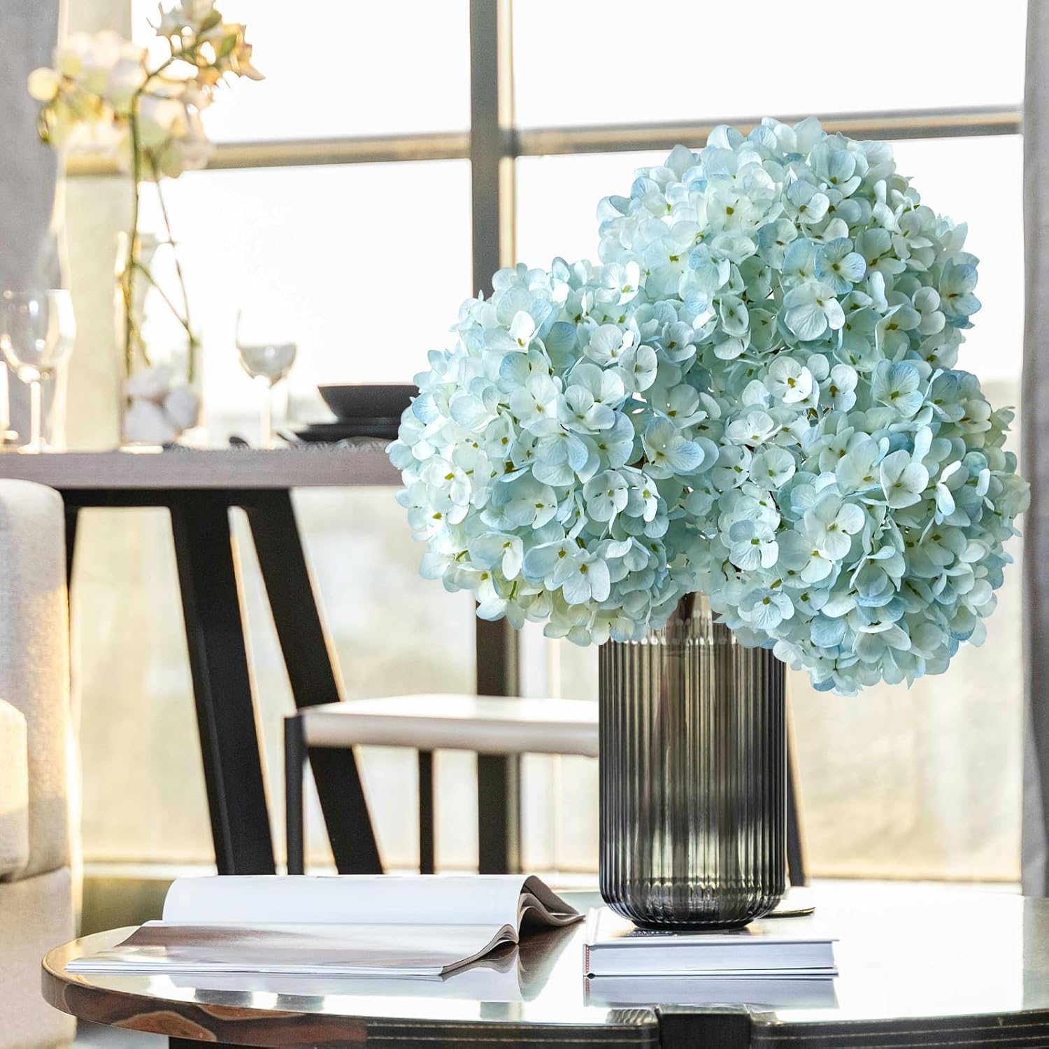 ZYTUYO 3PCS Blue Hydrangea Artificial Flowers 25.6" Large Fake Hydrangeas Flowers with Stems Faux Silk Bouquet for Indoor Home Decor Table Wedding Party Floral Outdoor Centerpieces