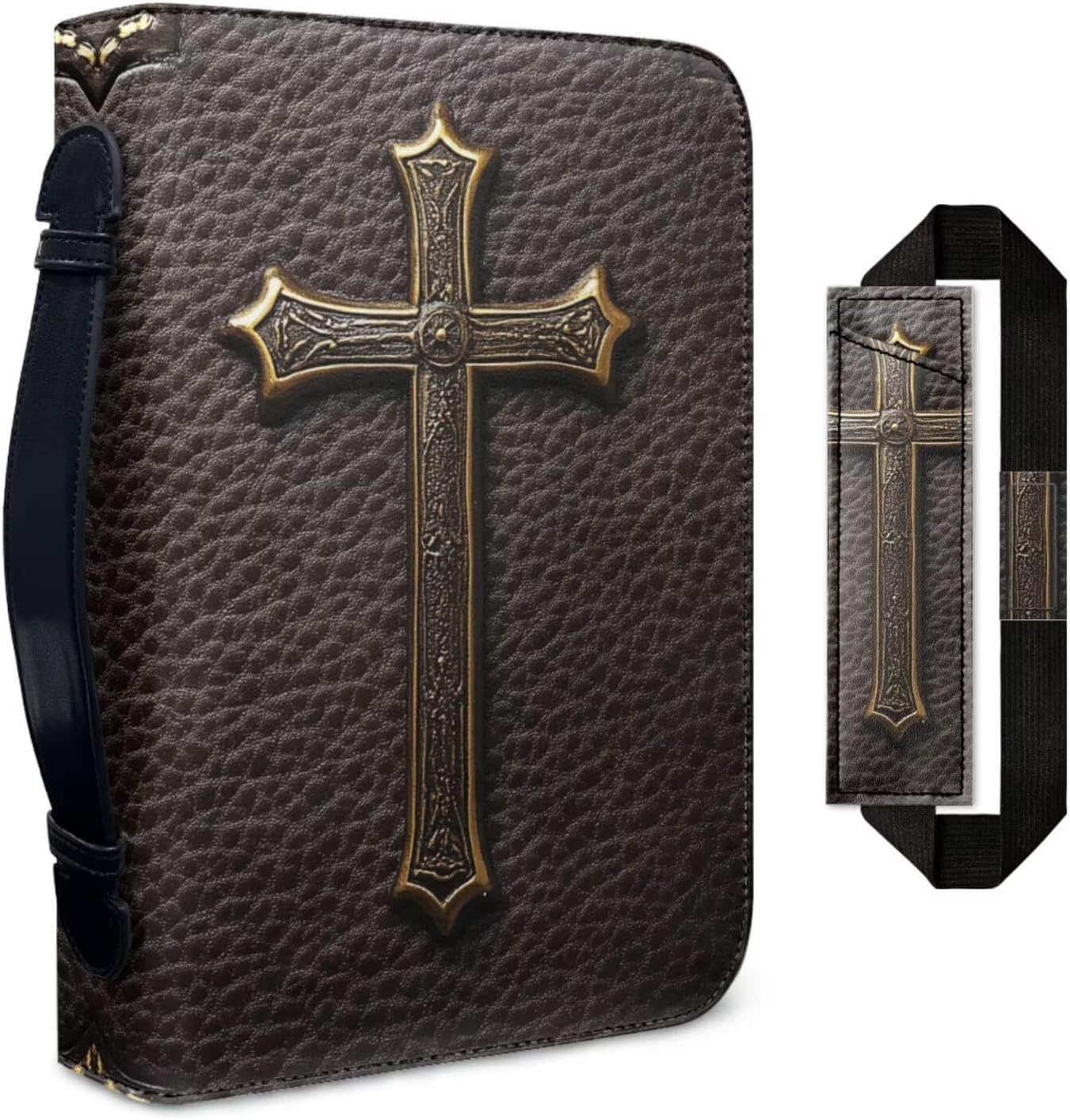 FOR U DESIGNS 2-Piece Bible Cover Set PU Leather Church Bag with Pen Slot & Notebook Pocket Large Size (11x8x2) for Men's Study Bibles Religious Accessories