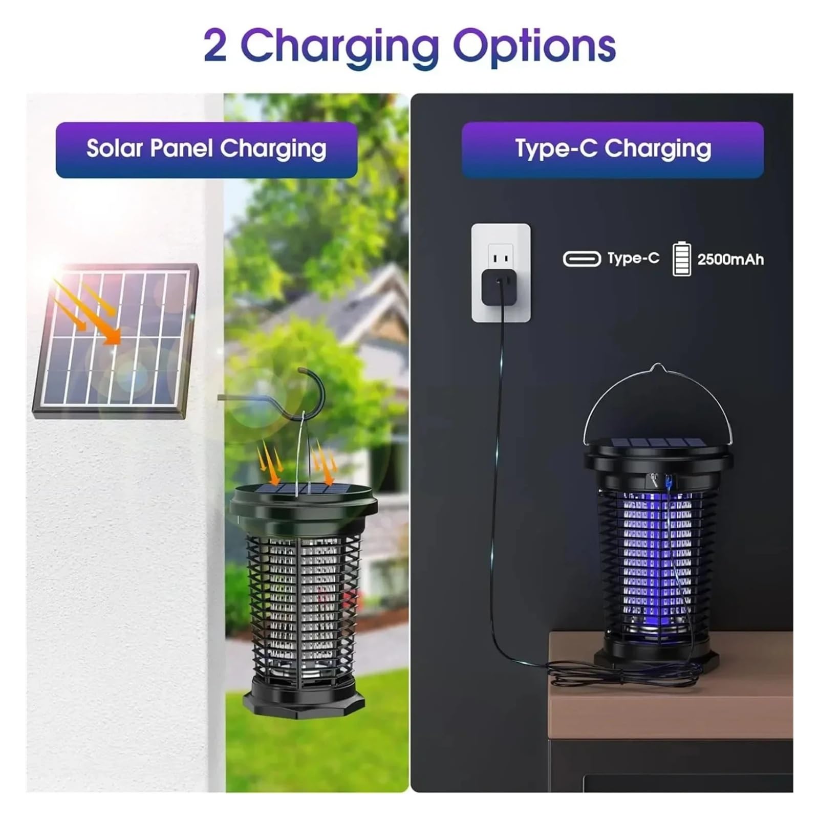 Lampada antizanzare solare da 5,5 W con ricarica USB e luce UV per giardino e campeggio