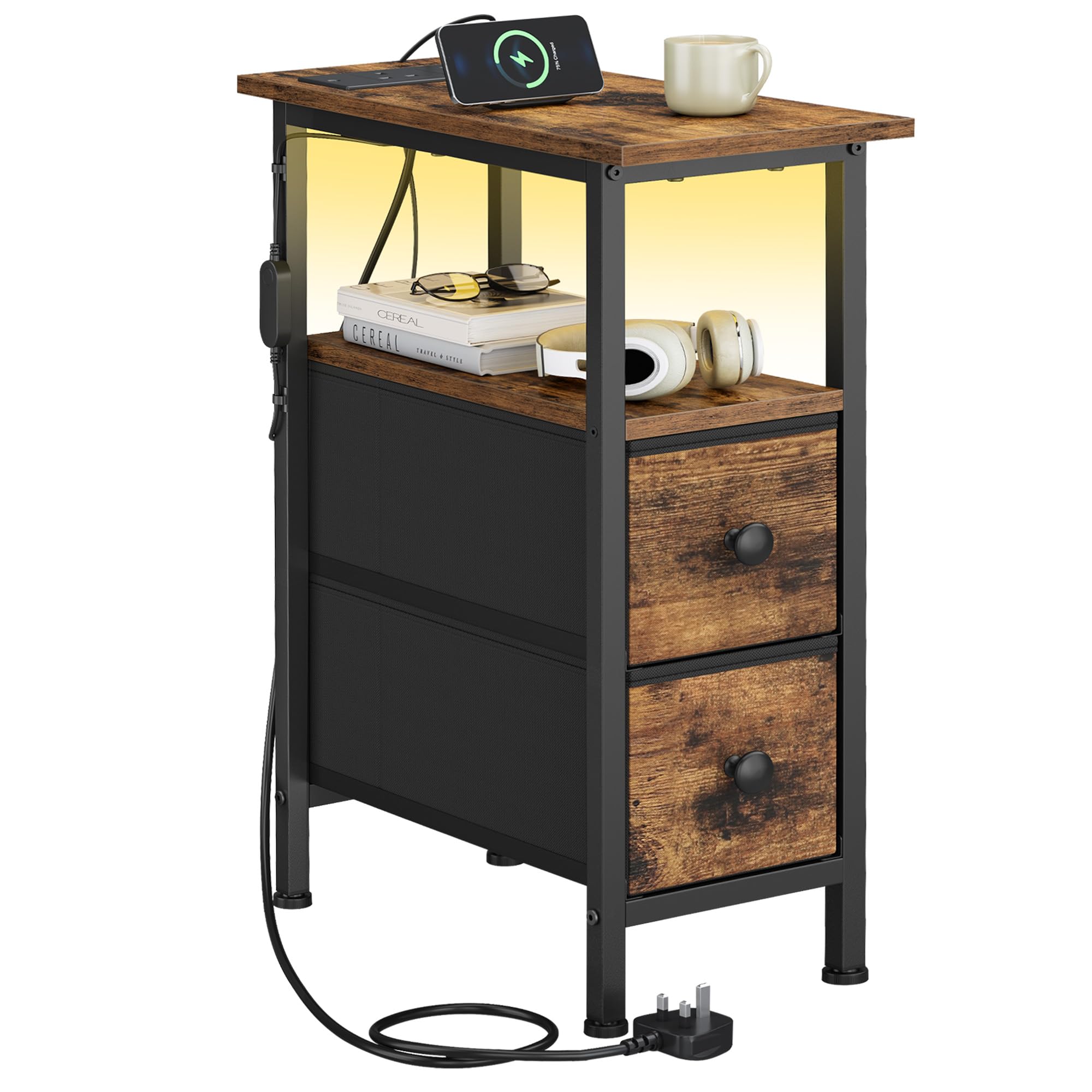 SONGMICS BELLAH Collection – Side End Table, Bedside Table with Charging Station, LED Lighting, 2 Drawers, for Living Room, Bedroom, Rustic Brown LGS002K103