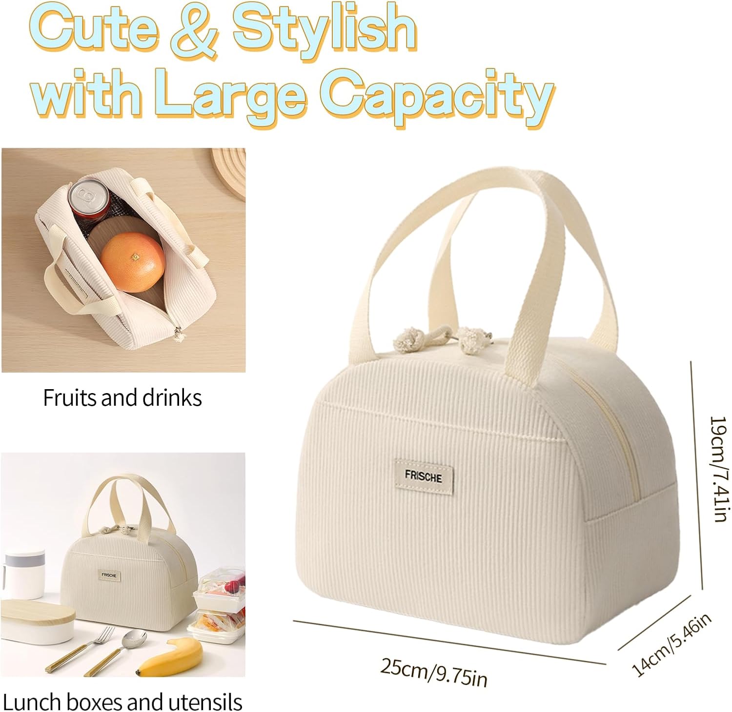 Corduroy Lunch Bag for Women Men Cute Lunch Tote Bags Reusable Insulated Lunch Box Large Capacity Reusable Insulated Cooler for Work/Picnic/Travel (Corduroy Beige) - Image 3