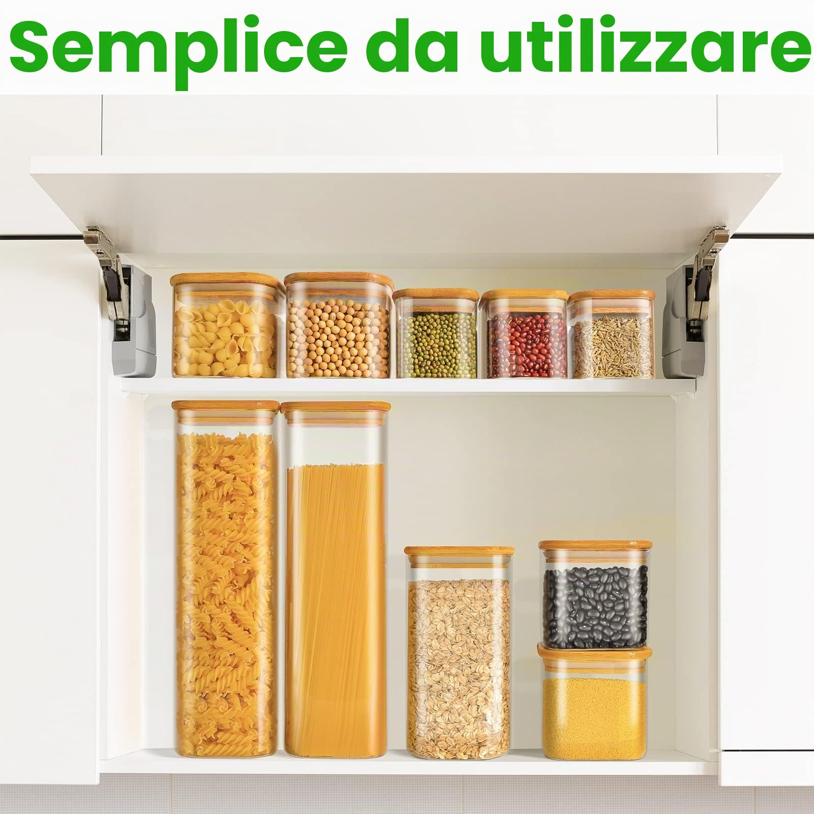 FINEW Set di 10 barattoli in vetro con coperchio, rettangolari, 2500 ml/1500 ml/750 ml/350 ml, grandi contenitori ermetici, per spaghetti, cereali, farina, spezie