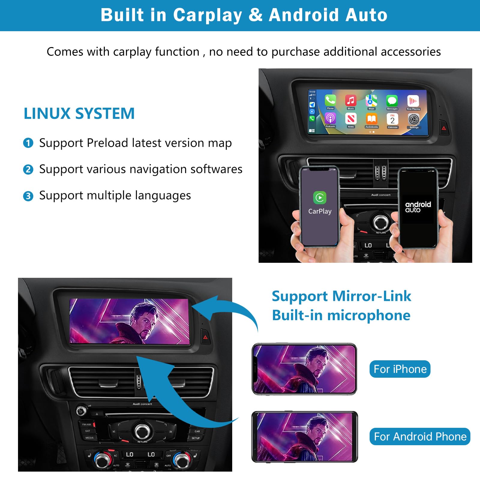 Autoradio écran Tactile 8,9" avec Carplay sans Fil et Android Auto pour Audi Q5 2009-2017 avec système MMI 2G, Prend en Charge Mirrorlink, caméra, Navigation