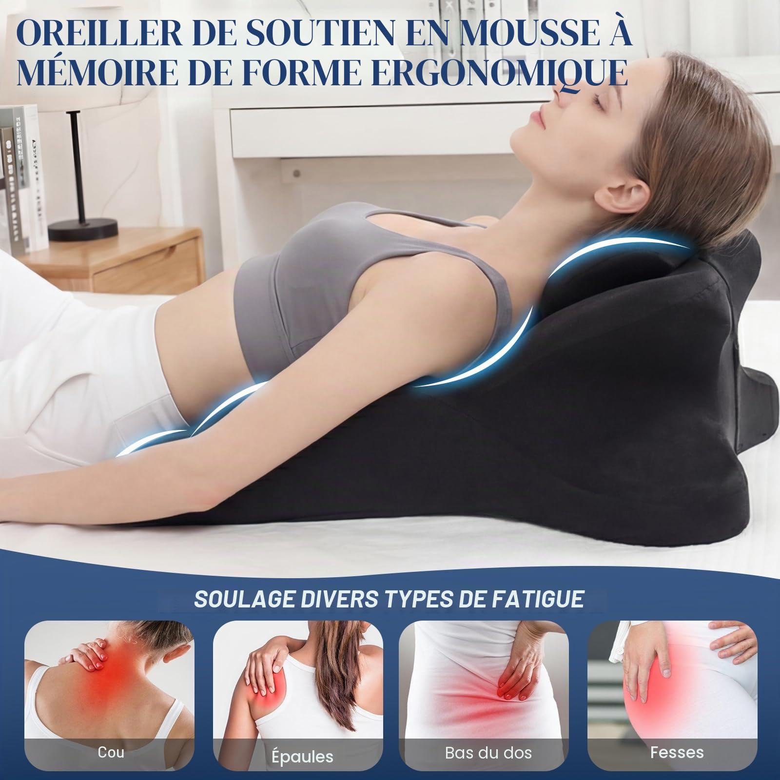 Coussin Cale en Mousse à Mémoire de Forme 27°, Oreiller de Lecture pour Lit et Canapé avec Appui-Tête Amovible, Support Dos Cou et Jambes, Housse Lavable Antidérapante